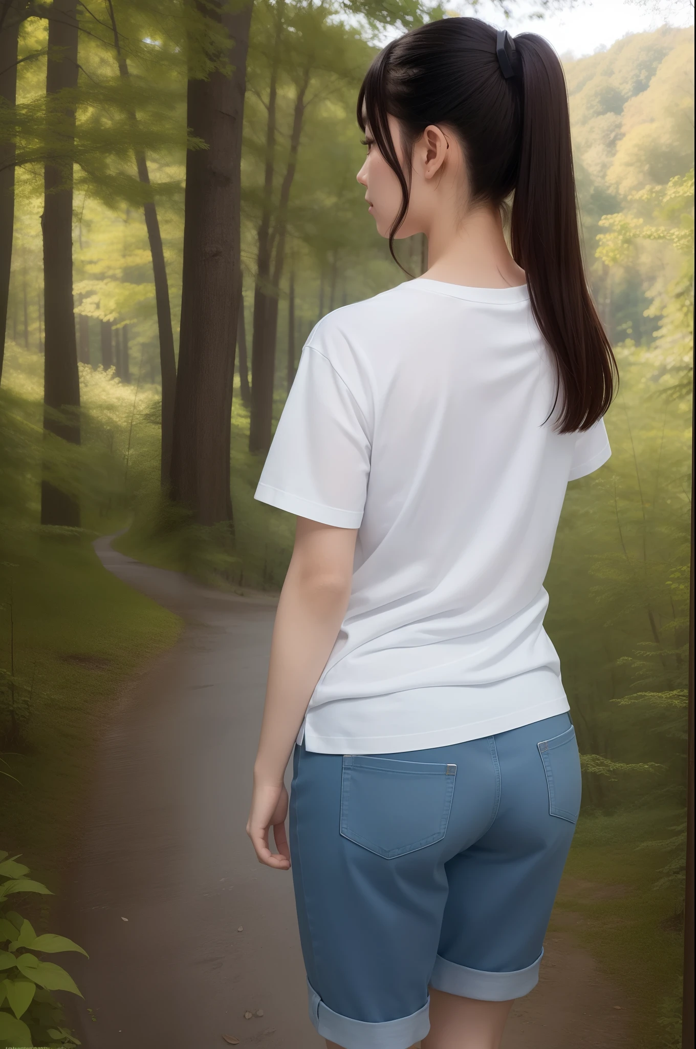 8K, best quality, (masterpiece), (photorealistic), (realistic), (ultra high definition), ray tracung, (forest landscape), (back view), (upper half of body), 1 girl, japanese female, high definition cute face, high definition closed mouth, high definition eyes, white T-shirt