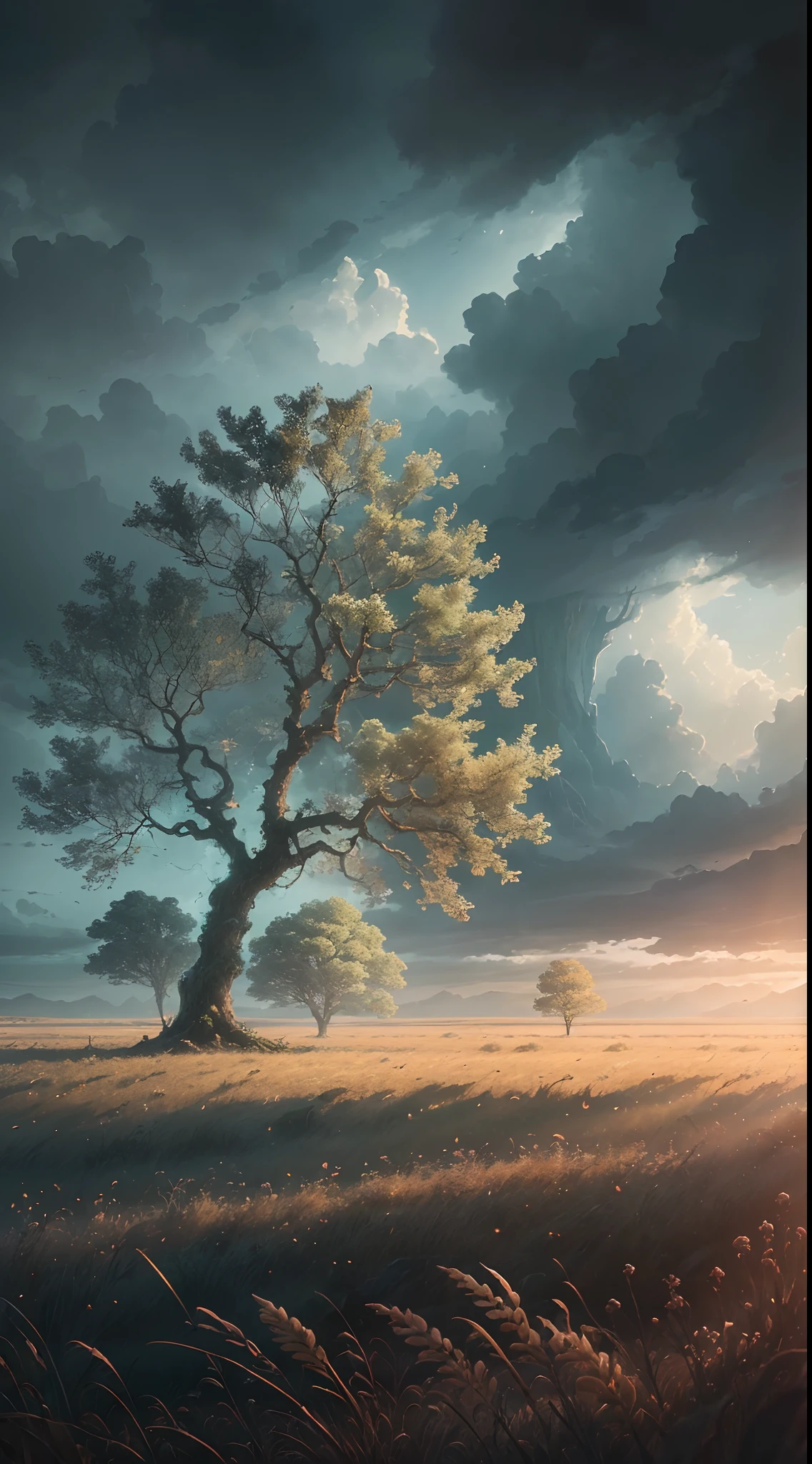 (extremely detailed CG unity 8k wallpaper, masterpiece, best quality, ultra-detailed), best illumination, magical tree, alone, mysterious, enchanting, vast field, subtle wind, moody sky, dreamlike. --auto --s2