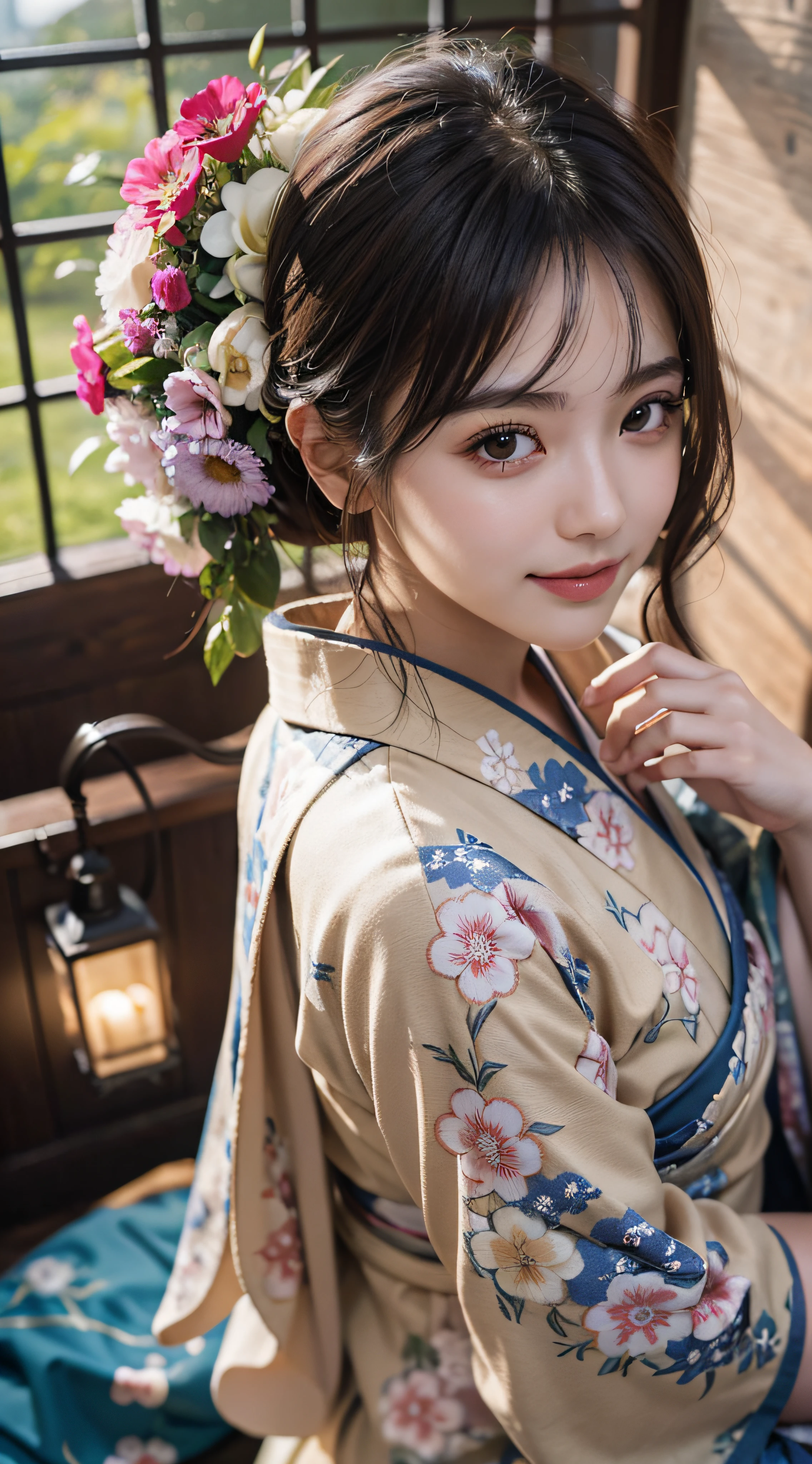 (Photorealsitic:1.4), (Top image quality:1.0), (超A high resolution:1.0), 8K, Raw photography, (masterpiece:0.2), (pureerosface_v1:0.5)、(Best Quality Detail:1.2)、realisitic、8K UHD、hight resolution、(1girl in:1.2)、The ultra-detailliert、High quality textures、intricate detailes、detaileds、Very detailed CG、High quality shadows、Detail Beautiful delicate face、Detail Beautiful delicate eyes、depth of fields、Ray traching,1girl in, japanaese girl, Cute, slender, Black kimono, Kimono with Japanese pattern,Floral scrunchie, Beautiful skin, Facing the front,Sit down, Sit upright and say thank you,Align your hands elegantly,Smile faintly The Land of Japan,Japanese garden,Luxury Japanese-style room, skyporn, Magic Hour, (Realistic:1.3), Finely detailed, quality, (masutepiece:1.2), (Photorealistic:1.2), (Best Quality), (Intricate details), Dramatic, Ray tracing, photograph, +Lola