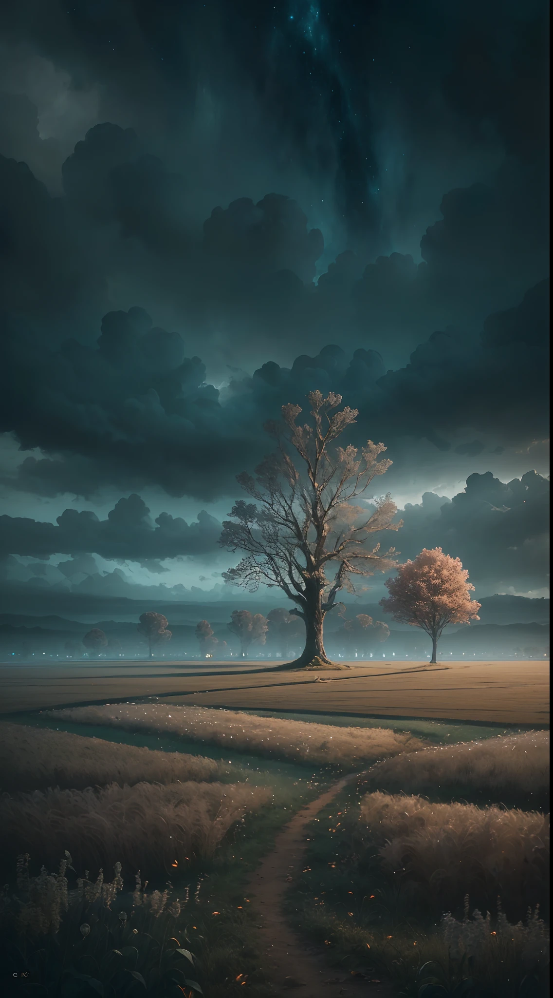 (extremely detailed CG unity 8k wallpaper, masterpiece, best quality, ultra-detailed), best illumination, magical tree, alone, mysterious, enchanting, vast field, subtle wind, moody sky, dreamlike. --auto --s2