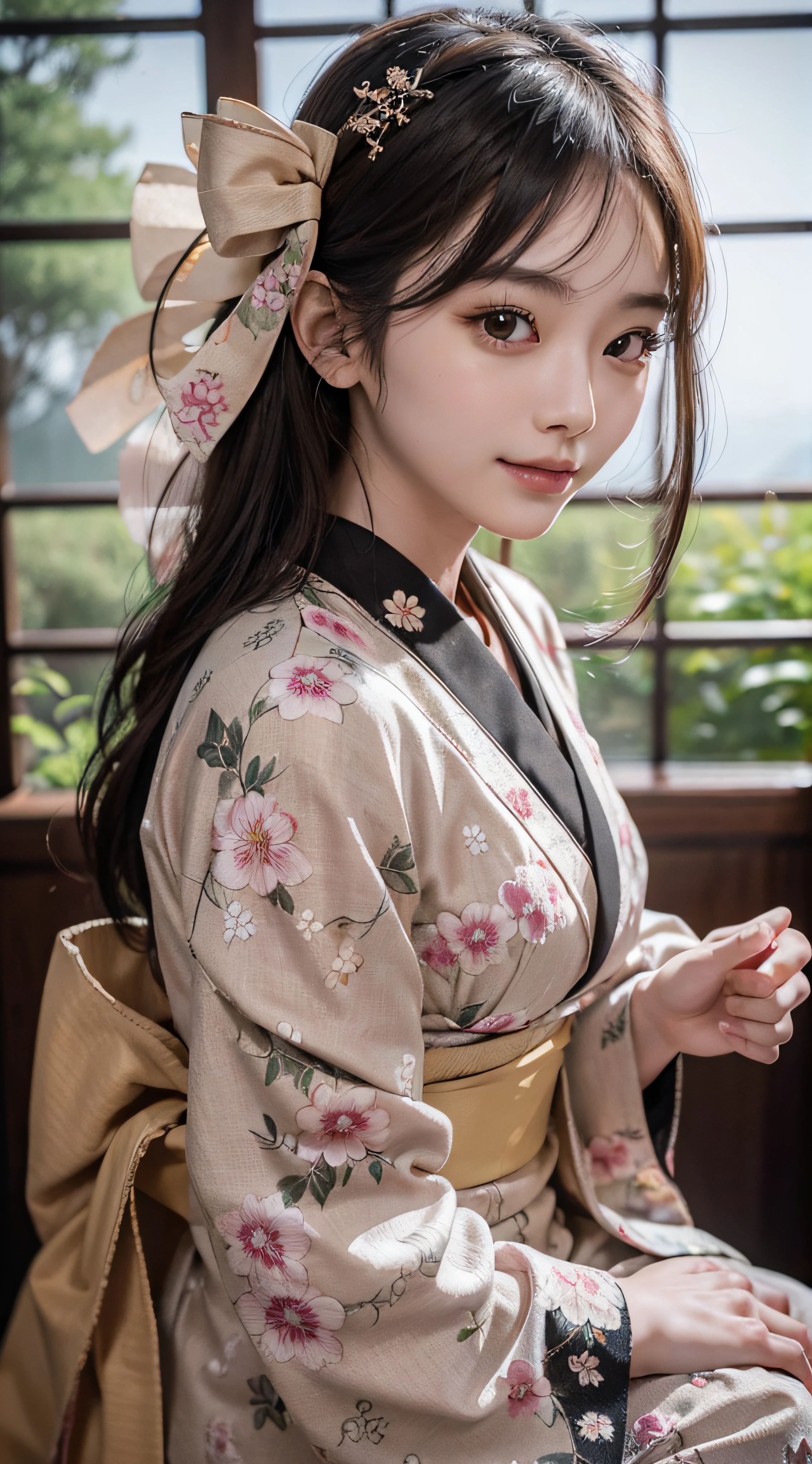 (Photorealsitic:1.4), (Top image quality:1.0), (超A high resolution:1.0), 8K, Raw photography, (masterpiece:0.2), (pureerosface_v1:0.5)、(Best Quality Detail:1.2)、realisitic、8K UHD、hight resolution、(1girl in:1.2)、The ultra-detailliert、High quality textures、intricate detailes、detaileds、Very detailed CG、High quality shadows、Detail Beautiful delicate face、Detail Beautiful delicate eyes、depth of fields、Ray traching,1girl in, japanaese girl, Cute, slender, Black kimono, Kimono with Japanese pattern,Floral scrunchie, Beautiful skin, Facing the front,Sit down, Sit upright and say thank you,Align your hands elegantly,Smile faintly The Land of Japan,Japanese garden,Luxury Japanese-style room, skyporn, Magic Hour, (Realistic:1.3), Finely detailed, quality, (masutepiece:1.2), (Photorealistic:1.2), (Best Quality), (Intricate details), Dramatic, Ray tracing, photograph, +Lola