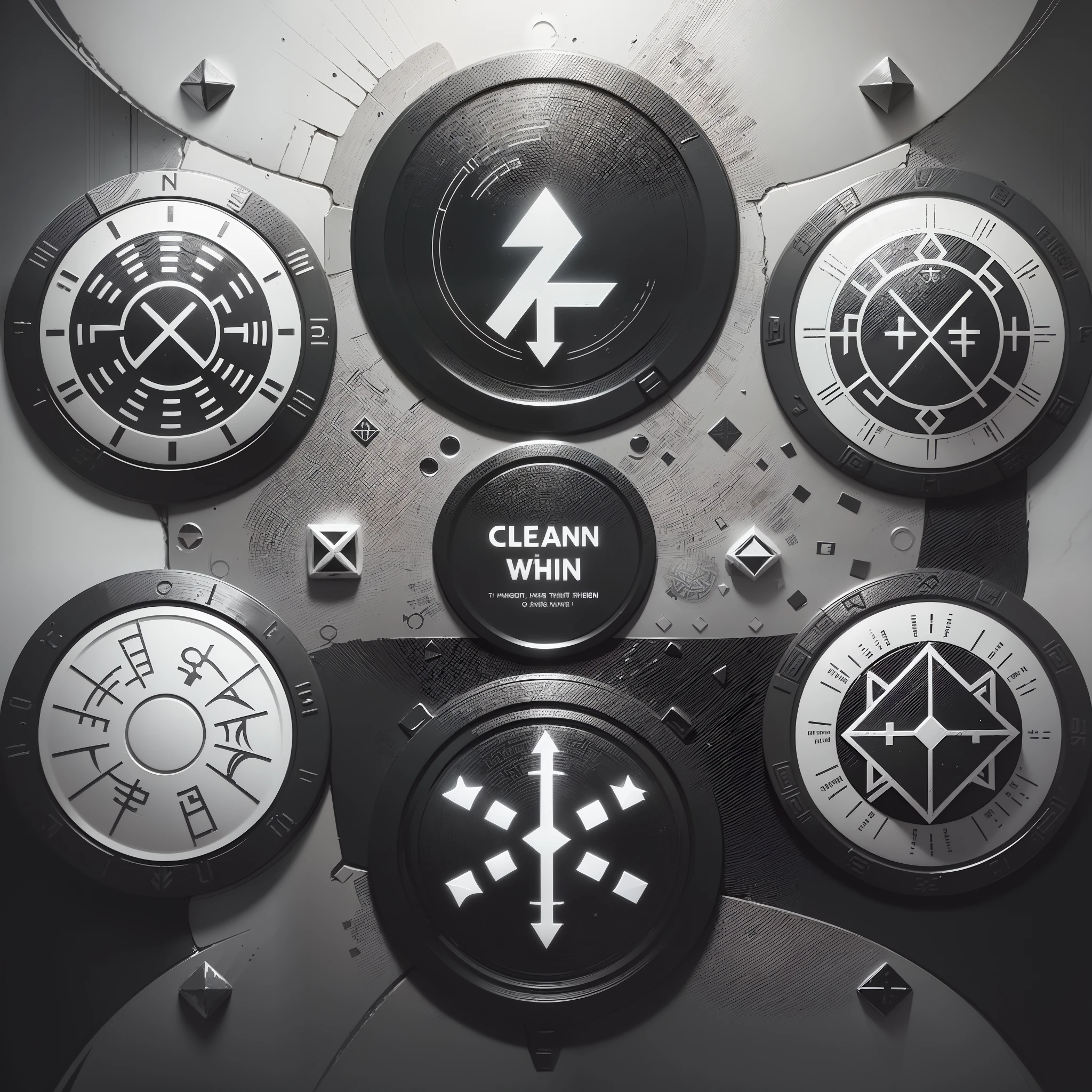 (((1))), ((black and white)), a closeup of a, (( text)) (Round Emblem Concept Sheet) , (The illusion of a user interface), (((the void))) , ((((Perfectly clean background)))) , ((CG illustration of the test)), (subject: Magic runes), ((((Clean White Background)))), ((Round seal with runes))