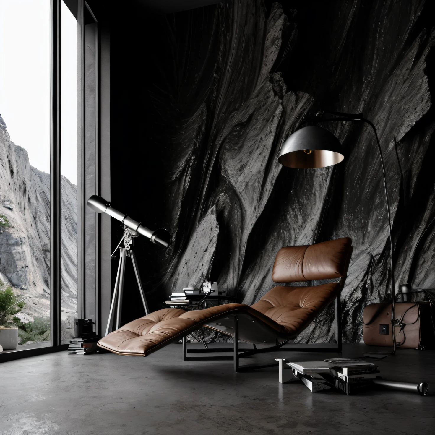 There is a chair and a lamp in a room with mountain views, interior escuro, sala de concreto escuro, arte conceitual escura fotorrealista, Quarto Caverna Escura, unreal engine realistic render, dramatic lighting render, cinematic render unreal engine, vray render super realista, paredes pretas, Apartamento com paredes pretas, Unreal motor 4k papel de parede, escuro e moderno, daily render