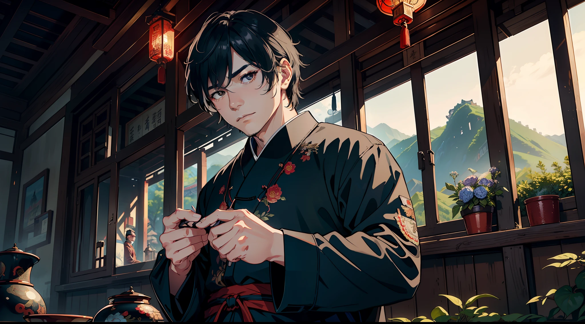 （（tmasterpiece，best qualtiy）），illustratio，Ultra-detailed 8K，Photorealsitic，Clear focus，A highly detailed，Professional lighting，Colorful detailed，(Rural China，A middle-aged uncle，Wear clothes full of patches，Black colored eyes，Black color hair)，are standing