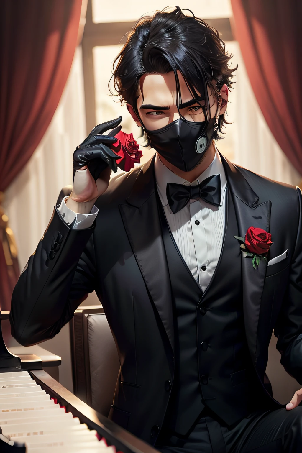 man playing piano with black tuxedo and black mask covering his face and red rose
