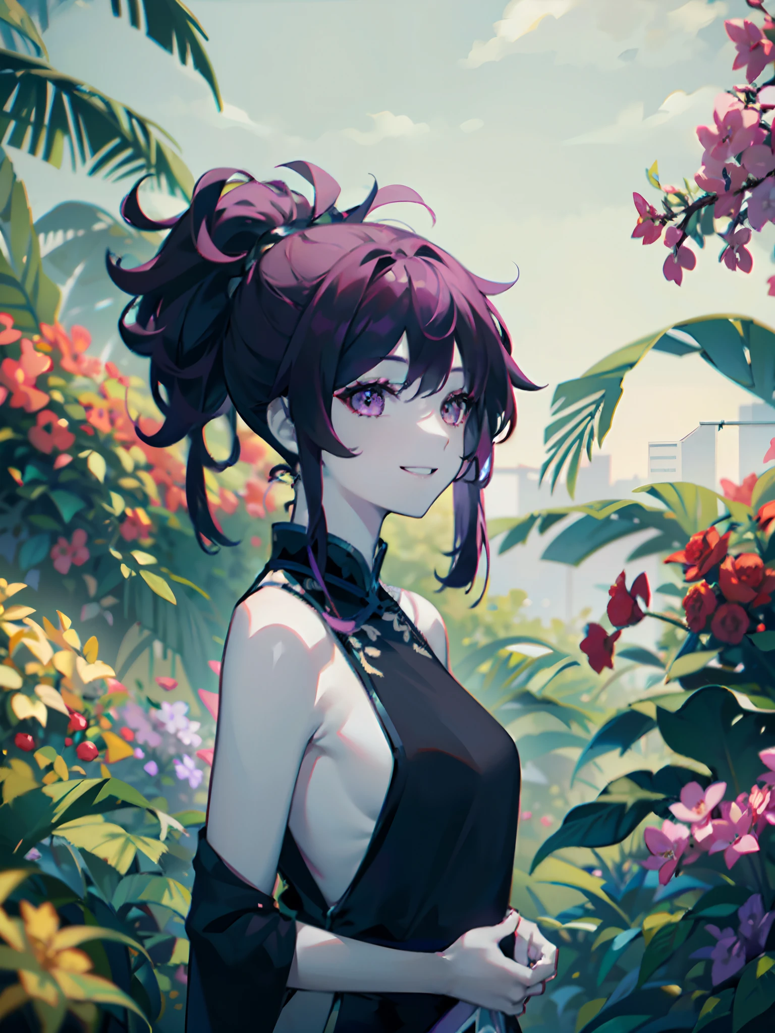 (masterpiece:1.2), (pale skin:1.2), (8k:1.2), ((solo)), (female), (ponytail), purple hair, bare shoulders, ((black chinese dress)), smile, standing, (upper shot), ((bold outline))