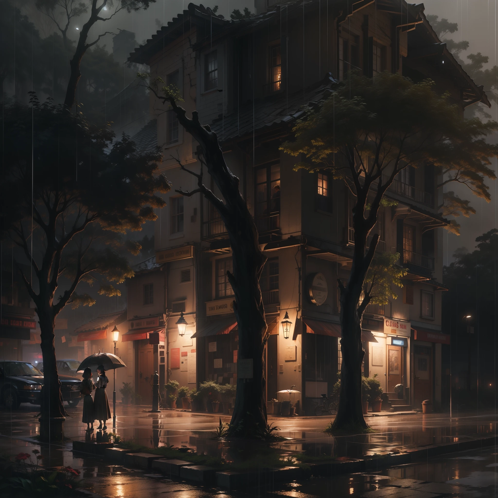 the night,downpours,salama,ancient buildings,lamplight,A group of teenage girls,the street,the trees,