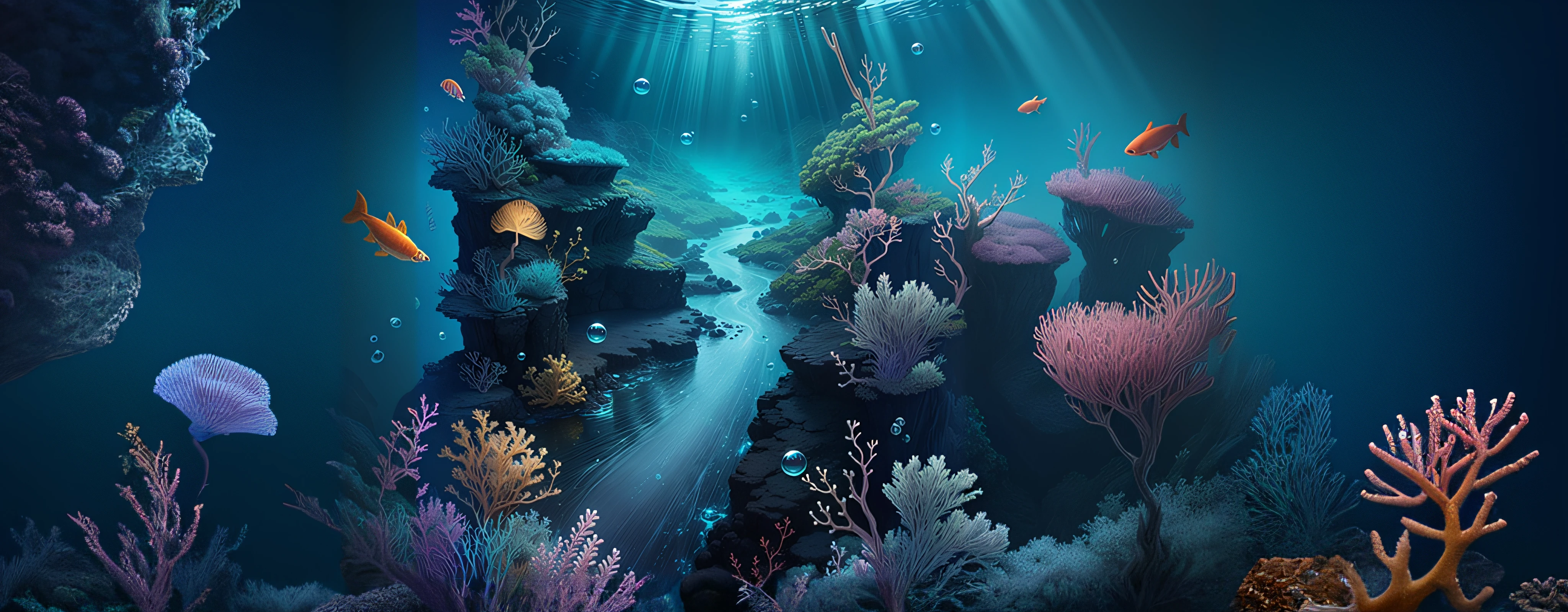 there is a very colorful underwater scene with fish and corals, underwater environment, undersea environment, underwater scene, underwater landscape, underwater scenery, masterpieceunderwater scene, deep sea landscape, tropical reef, undersea, coral reef, amazing depth, very detailed digital painting, highly detailed digital painting, reefs, background artwork, underwater ink env, incredible depth, colorful fish, marine life, jellyfish, colors, sea turtle, whale, jellyfish, seahorse