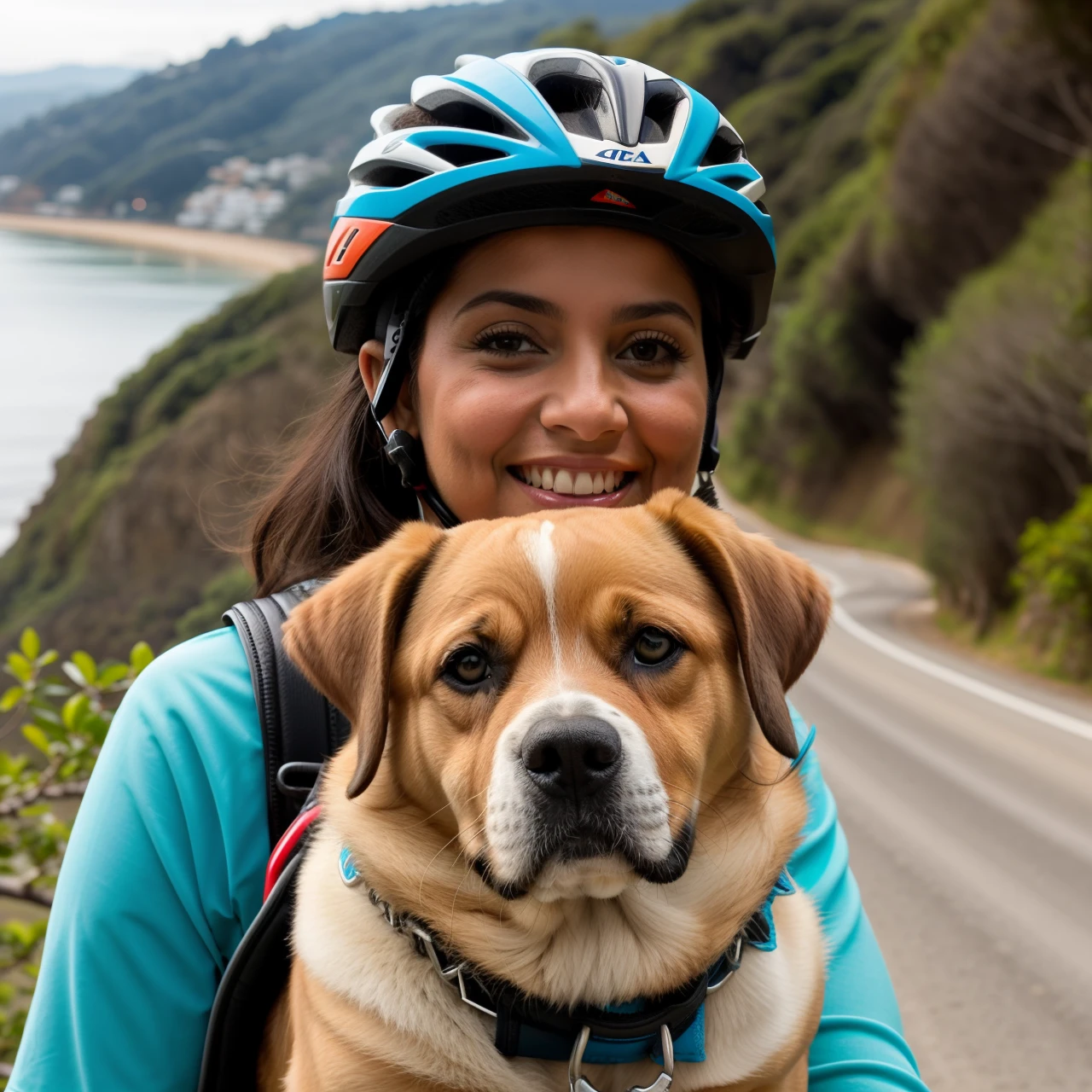 Retrato do mulher latina, nova com e olhos de anjo, olhando para estrada , no viageiro , ''sentada em cima da bicicleta com mochila nas costas, com cachorro dentro  ''