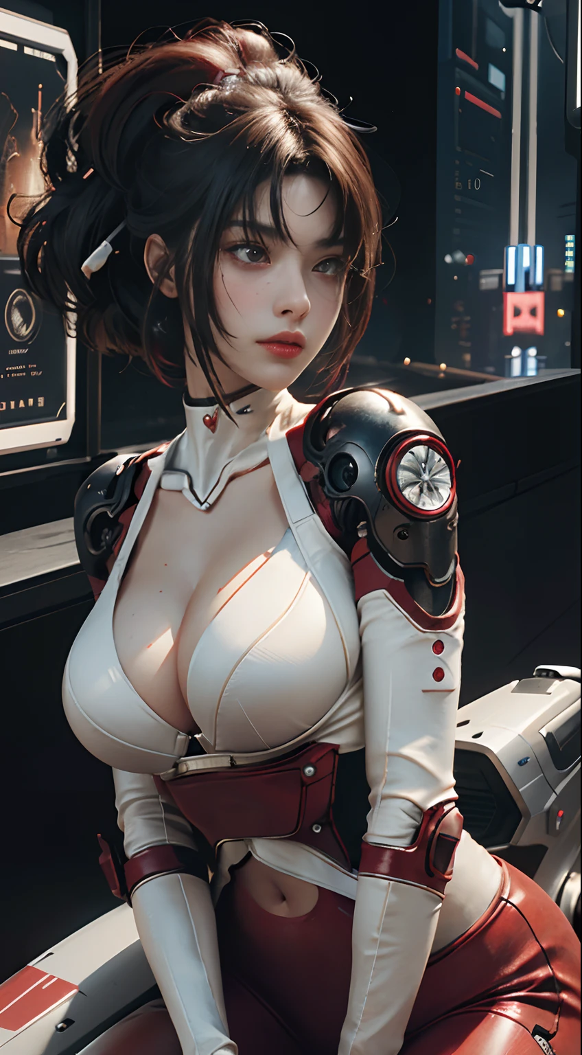Highest quality, outstanding detail, super high resolution, (fidelity: 1.4), best illustration, favor details, close-up, a mecha girl with a delicate and beautiful face, ((red and white semi-mechanical body: 1.8)), (big breast: 1.2), sexy, belly button, cleavage, riding on a motorcycle, cyberpunk, futuristic, mechanical aesthetics, complex machinery, background is a high-tech lighting scene of the futuristic city, virtual engine 5, perfect detail rendering, octane rendering, ultra HD