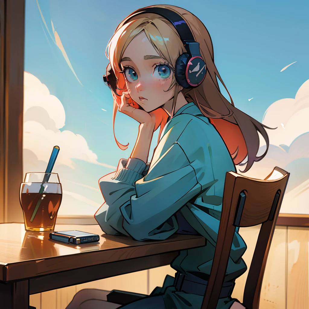 There's a girl sitting at a table with headphones on, estilo anime 4K, estilo anime. 8k, arte de anime realista, Estilo anime 3D realista, arte anime de alta qualidade, arte de anime digital, estilo de arte de anime, arte de anime digital detalhada, estilo de arte realista, arte digital estilo anime, Digital anime illustration, estilo realismo anime, realistic anime art style