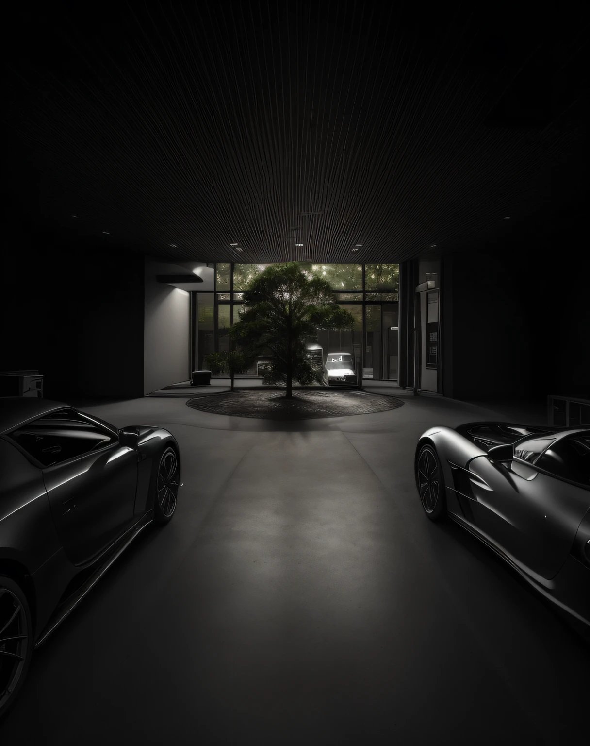 Two cars parked in a parking lot with a large tree in the background, dark show room, Highly photographic prestização, em um quarto futurista escuro, daily service, arte conceitual escura fotorrealista, dramatic lighting rendering, Prestização Extrema, interior escuro, carro esportivo no quarto, Photographic Lending, prestar, Classic dark interior, Hyper - realistic lending;, hyper-realistic lending