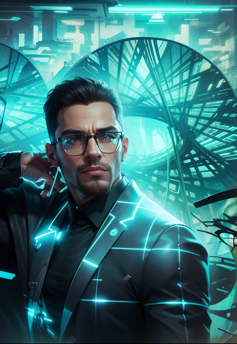 Futuristic background with glasses realistic face
