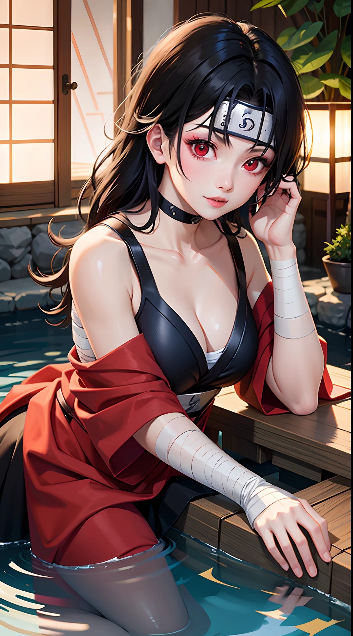 nar_kurenai_yuhi,Forehead protector,Bandages,(Arashi:1.2),Red eyes,,Makeup,Off-the-shoulder attire，ssmile，looks into camera，hot onsen，Half of your body is underwater