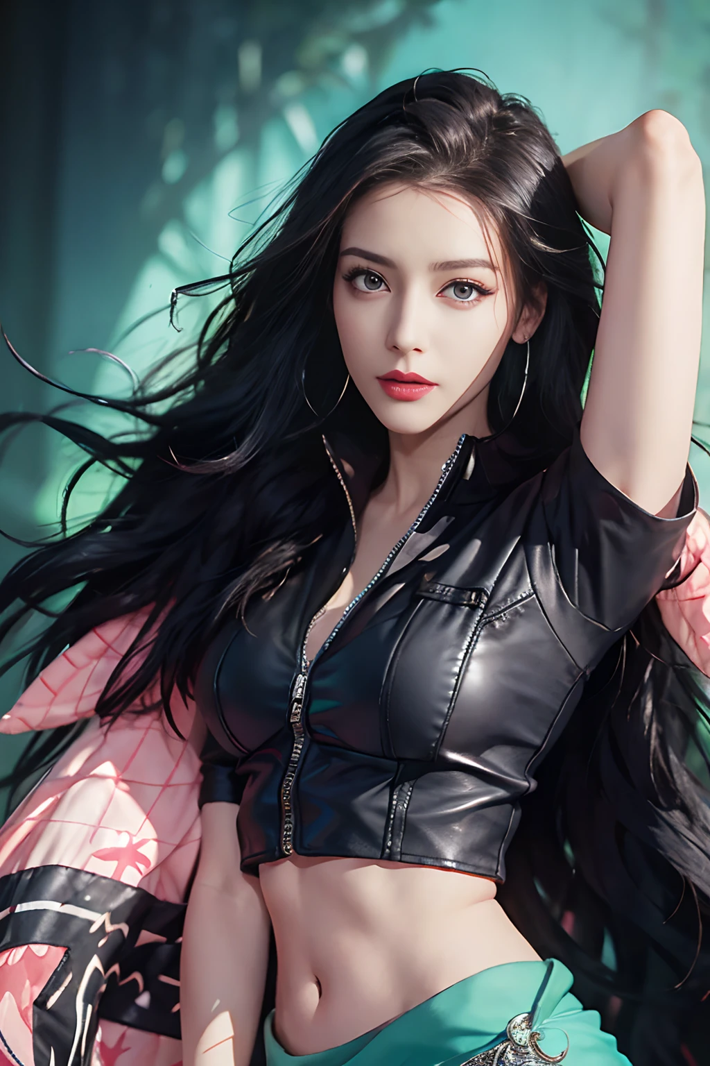 (((masutepiece+Best Quality+High resolution+Ultra-detailed))), Nico Robin\(One piece\), long silky black hair, High Nose, Sharp eyes, noble and inviolable temperament, (([Female]: 1.2 + [Beauty]: 1.2 + Black Long Hair: 1.2)), egypt scriptures background, (One piece), collared jacket, croptop, Midriff, Navel, sarong, Short sleeves, zippers, partially unzipped, Cowboy Shot, aqua eyes, dynamic angle and posture.