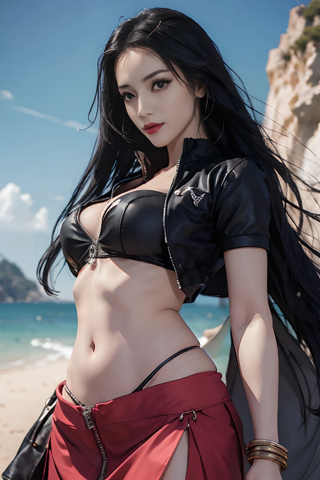 (((masutepiece+Best Quality+High resolution+Ultra-detailed))), Nico Robin\(One piece\), long silky black hair, High Nose, Sharp eyes, noble and inviolable temperament, (([Female]: 1.2 + [Beauty]: 1.2 + Black Long Hair: 1.2)), egypt scriptures background, (One piece), collared jacket, croptop, Midriff, Navel, sarong, Short sleeves, zippers, partially unzipped, Cowboy Shot, aqua eyes, dynamic angle and posture.