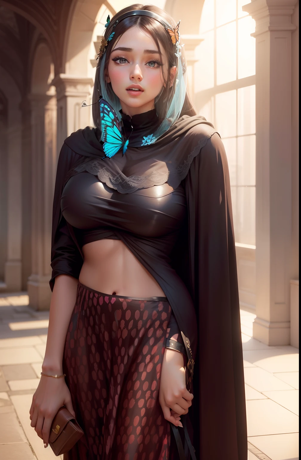 Beautiful girl, big boobs, followers background, butterfly on head
