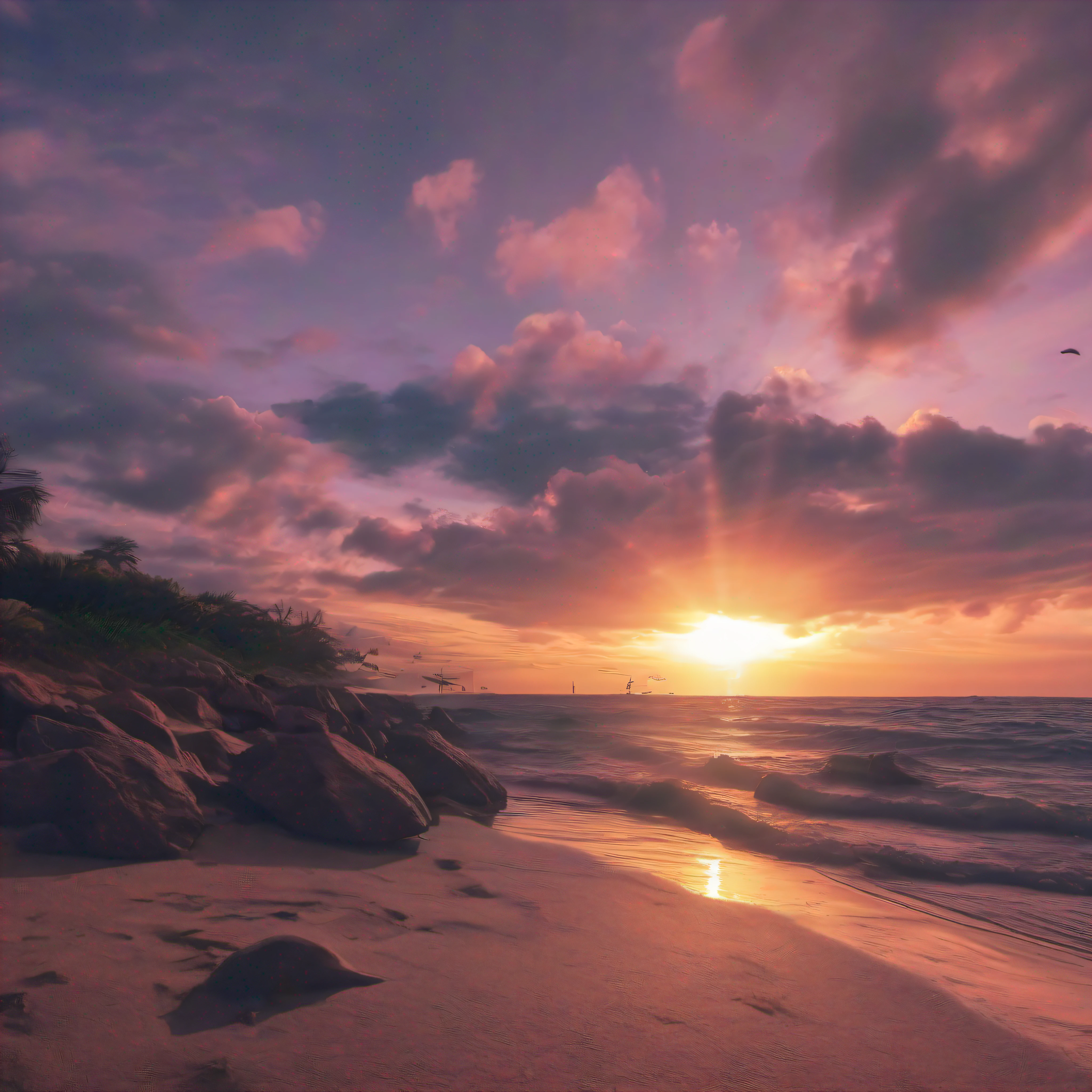 anaglyph, pov, ray tracing, lens flare, f/2.8, 35mm, Nikon, Sony FE GM, 8k, super detail, ccurate, best quality, UHD, retina, masterpiece,the sea,sandbeach,the sunset,evening light,