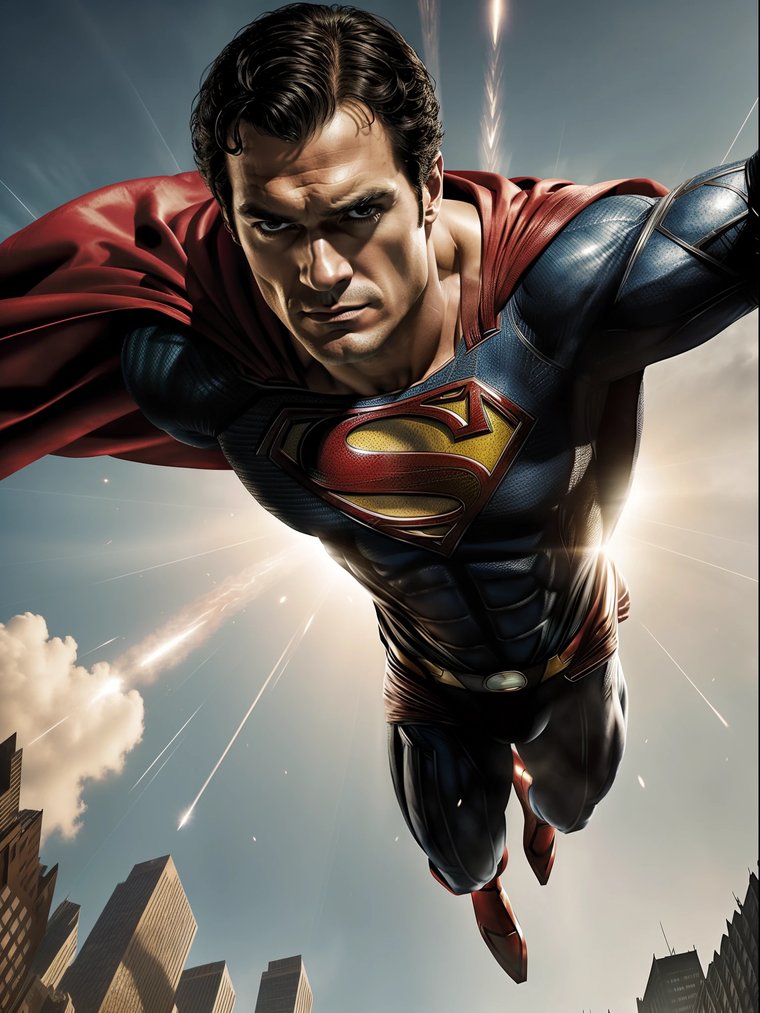 (henry cavil as superman), (Art by Jim Lee) magnificent sky background, dramatic, gorgeous, award winning, masterpiece,