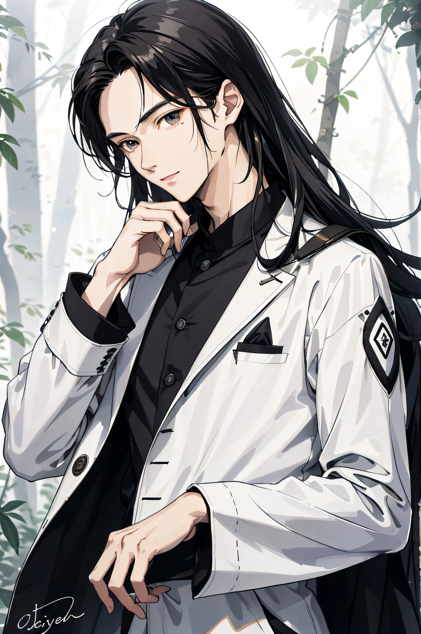 Absurd, High definition, Super detailed, Texture details, clear presentation, HD details, detail performance, Fine details, Clear face, Fix accurately, （（cabelos preto e longos））、long whitr hair、18-year-old man, Handsome, Tall,Soft smile、Slightly muscular,（Clear eyeballs）, (1 person: 1.3), handpainted, Simple lines, （An 18-year-old man wearing a white Chinese suit）, foggy forest、The upper part of the body，（Exocet suit 1.2）