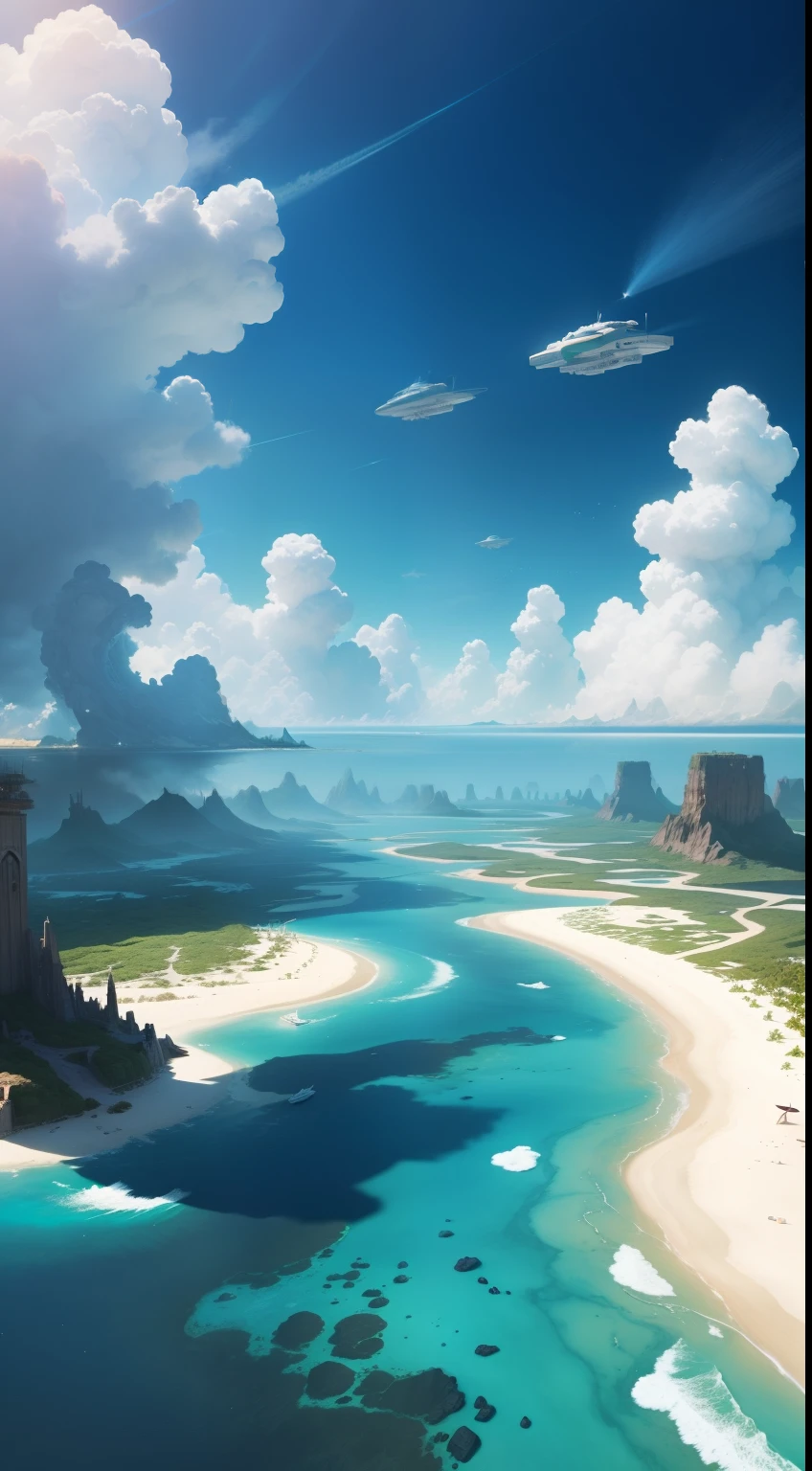 Imagine a paradise island in a post-apocalyptic world being invaded by armed and futuristic spaceships of different colors and sizes.