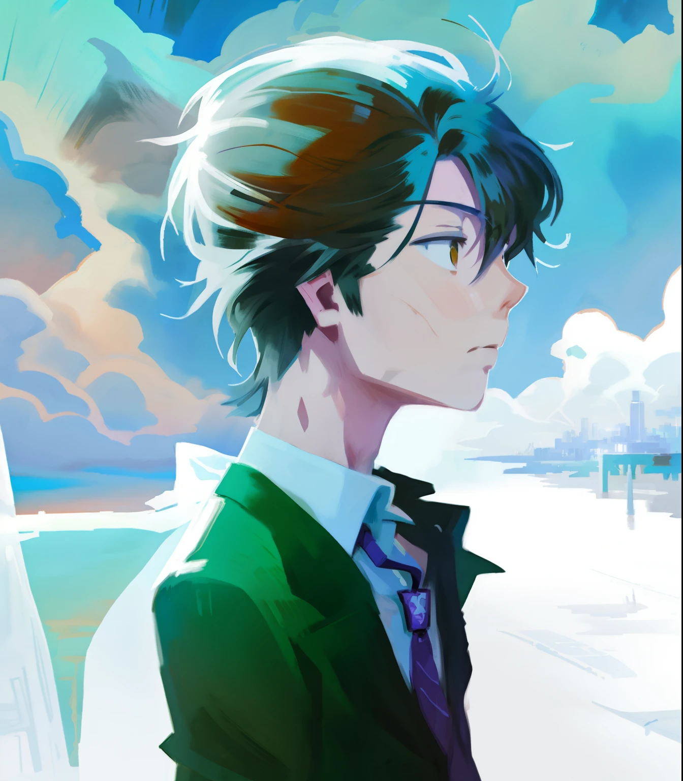 Anime girl looking out to sea with tie and jacket, Makoto Shinkai Cyril Rolando, concept art of single boy, makoto shinkai art style, Shinkai Makoto style, Guviz-style artwork, Makoto Shinkai. a digital rendering, Makoto Shinkai's style, sergey kolesov