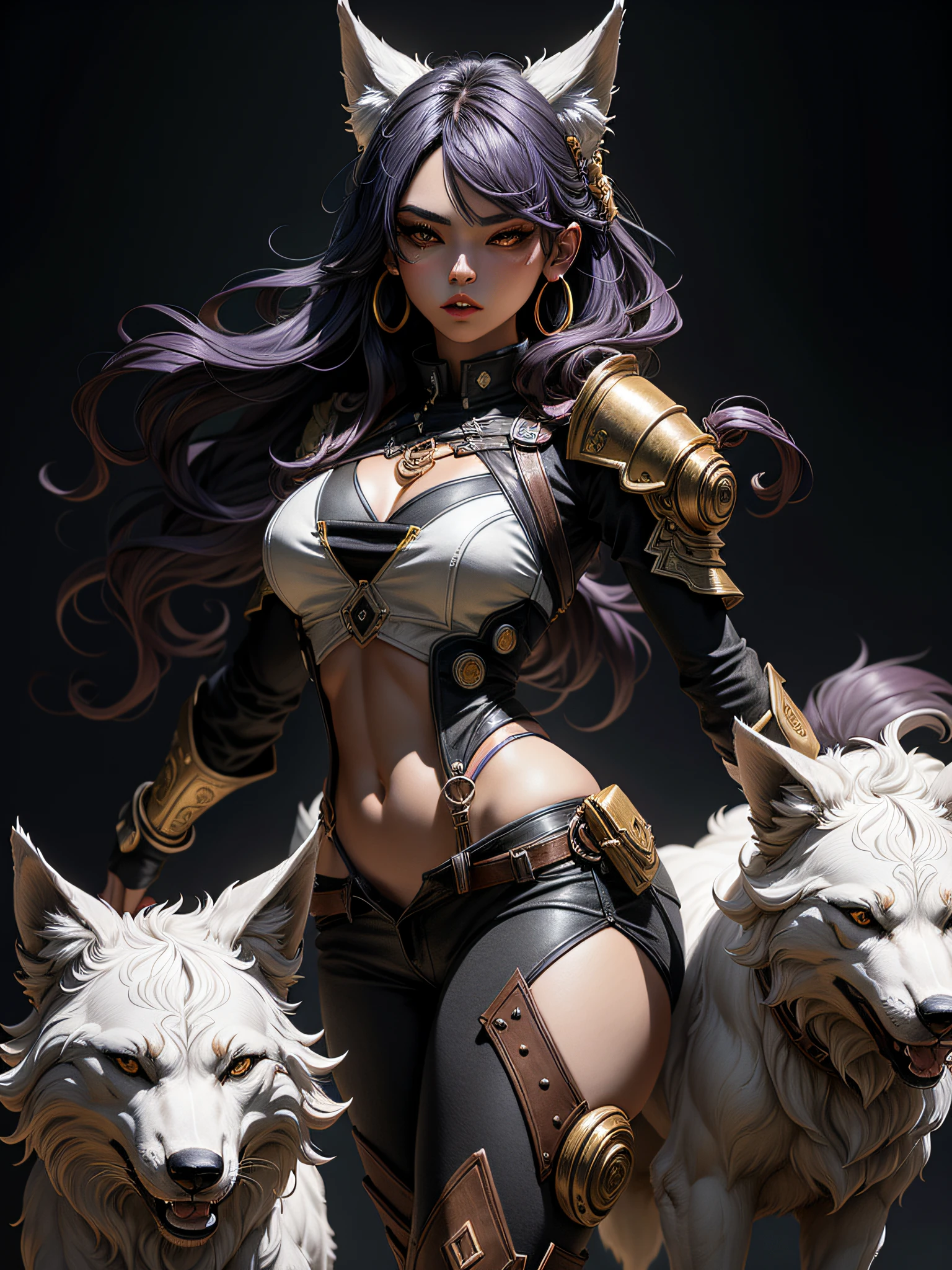 una mujer lobo, 25 years old, Cara de lobo, cuerpo muy musculoso, Epic figure, cuerpo completo, Obra maestra surrealista, Renderizado de octanaje, Focus, fondo colorido, intrincado detallado, Rich colors - non-Asian, oriental, --estilo Fantasy Anti-Aliasing, FKAA, TXAA, RTX, SSAO, Shaders, Sombreadores OpenGL,