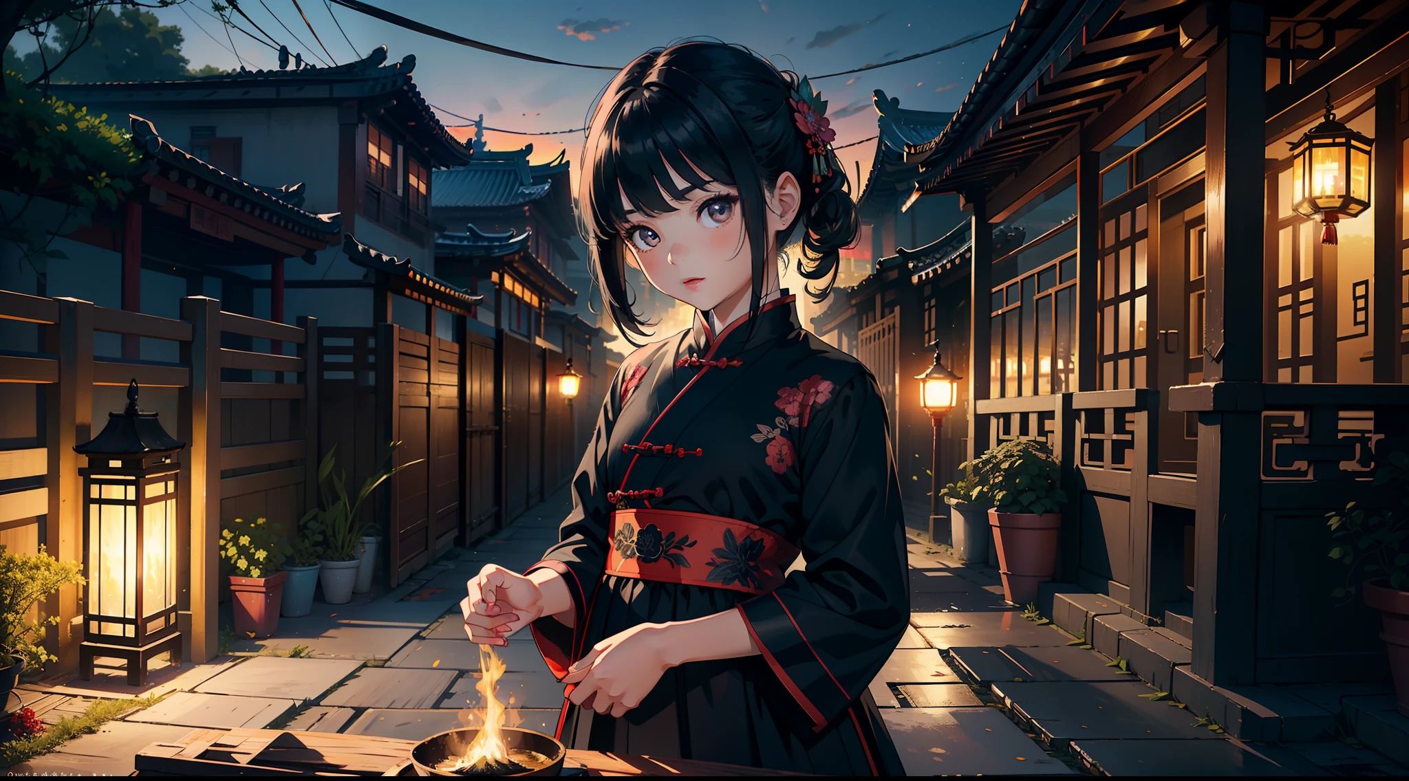 ((tmasterpiece,best qualtiy)),illustratio,Ultra-detailed 8K,Photorealsitic,Clear focus,A highly detailed,Professional lighting,Colorful detailed,(Rural China,In the yard,a 10 years old girl,Wear clothes full of patches,Black colored eyes,Short black hair)
