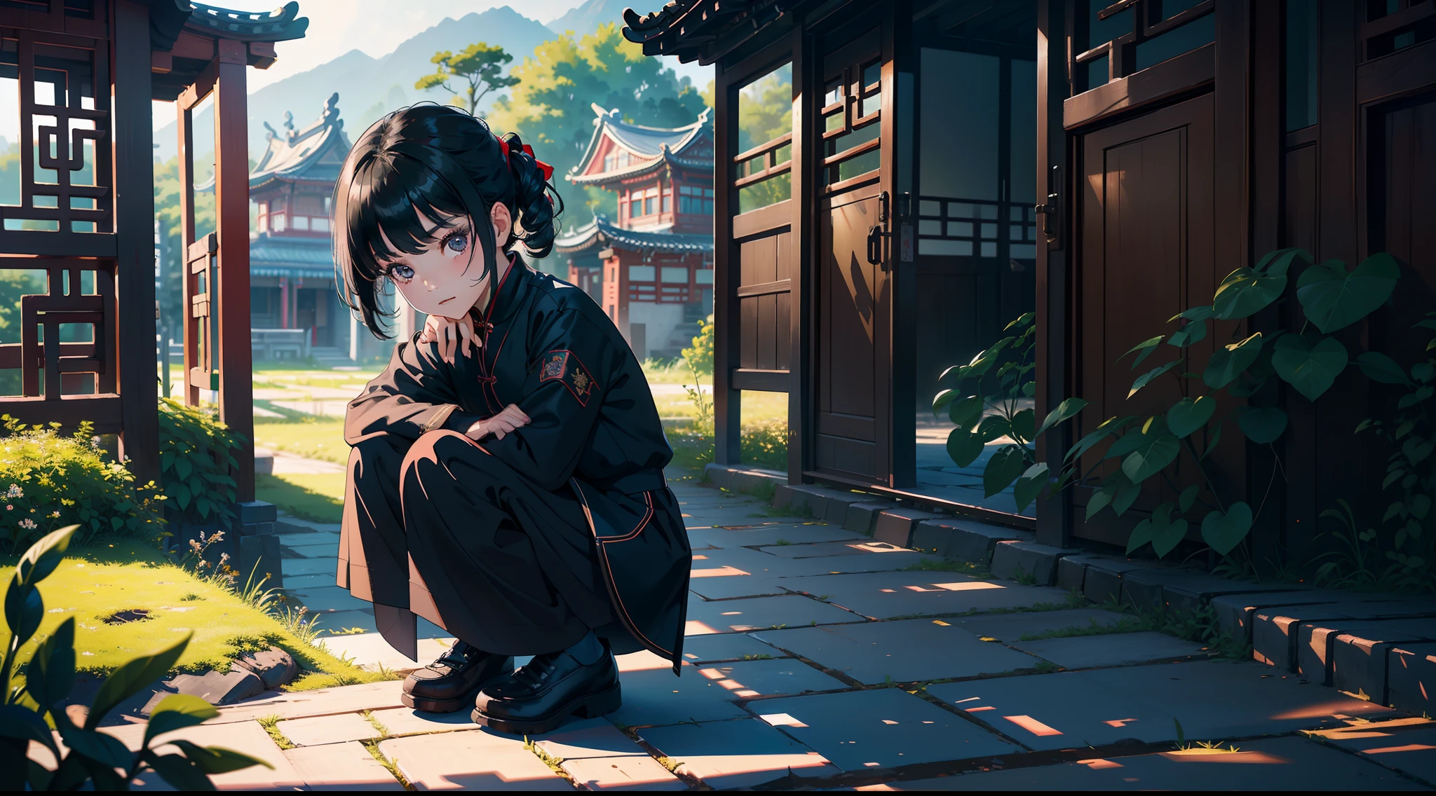 （（tmasterpiece，best qualtiy）），illustratio，Ultra-detailed 8K，Photorealsitic，Clear focus，A highly detailed，Professional lighting，Colorful detailed，(Rural China，In the yard，a 10 years old girl，Wear clothes full of patches，Black colored eyes，Short black hair)