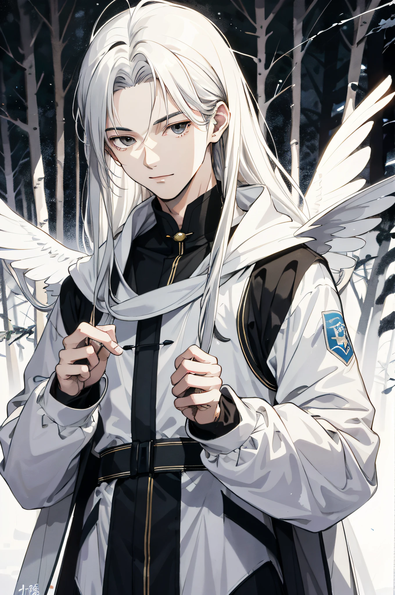 Absurd, High definition, Super detailed, Texture details, clear presentation, HD details, detail performance, Fine details, Clear face, Fix accurately, ((cabelos preto e longos))、long whitr hair、18-year-old man, Handsome, Tall,Soft smile、Slightly muscular,(Clear eyeballs), (1 person: 1.3), handpainted, Simple lines, (An 18-year-old man wearing a white Chinese suit), foggy forest、The upper part of the body,(Exocet suit 1.2)