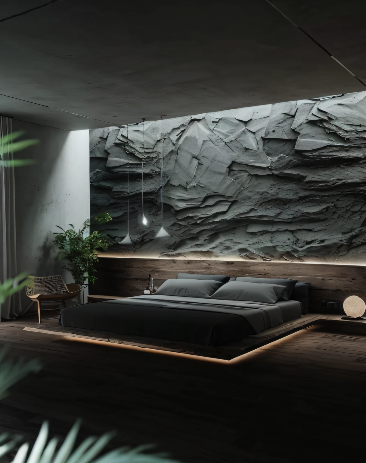 um close up de uma cama em um quarto com uma parede de pedra, sala de concreto escuro, quarto escuro, Rough concrete walls, interior escuro, dark slate-gray wall, quarto mal iluminado, enscape render, renderizado em unreal 5, quarto de cama, luz natural no quarto, dramatic lighting render, ambiente sereno do quarto, unreal 5 motor highlly renderizar