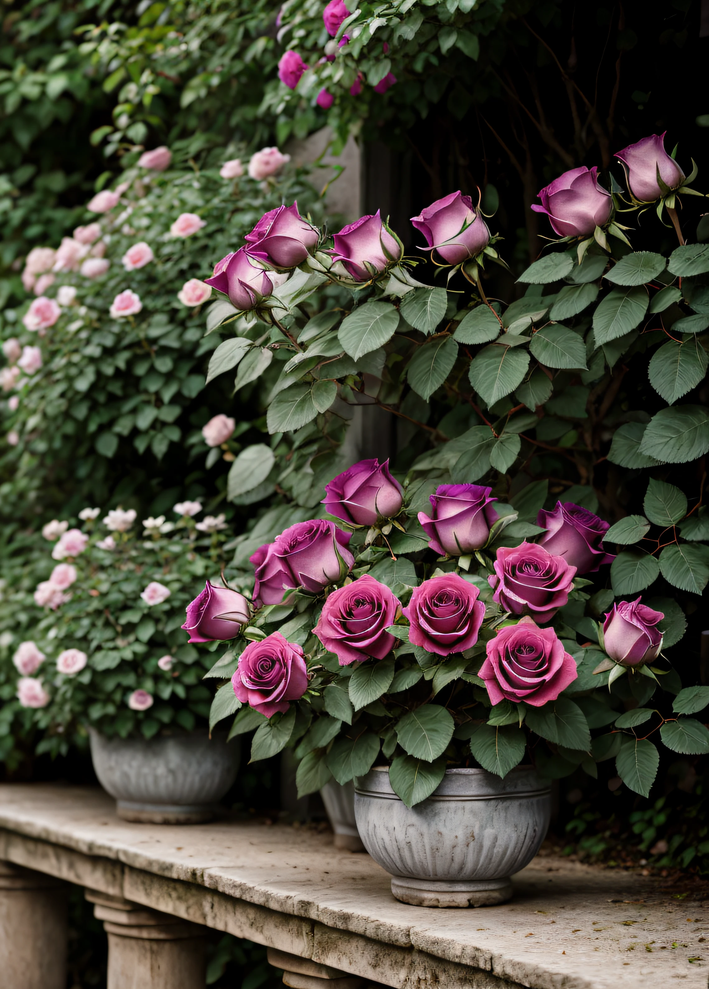 RAW photo of purple roses，small detailed，realisticlying，Ultra-realistic photos，8K  UHD，Digital SLR，softlighting，high high quality，filmgrain，Fujifilm XT3，（tmasterpiece）trpical garden（pondering：2）（originality：2）