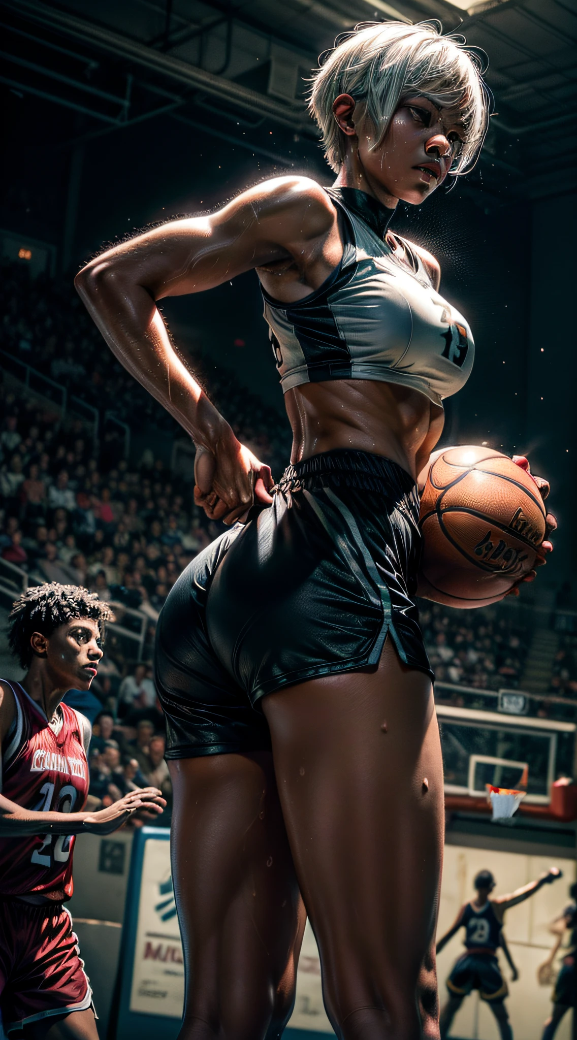 1girl, large, full breasts, small waist, big ass, ((full body)), athletic body, well distributed body, ((dark skin tone)), (white hair), short hair, muscles, light brown eyes, eyes extremely detailed, beautiful, sweaty, tired, satisfied, ((side boobs basketball jersey)), ((micro tight shorts)), necklace, basketball court, (masterpiece, best quality, high resolution, ultra detailed), night, depth of field, low angle, bottom view, (incredibly detailed and expressive image), image depicting a move showing in detail the muscles splash of sweat the expression the effort in slow motion