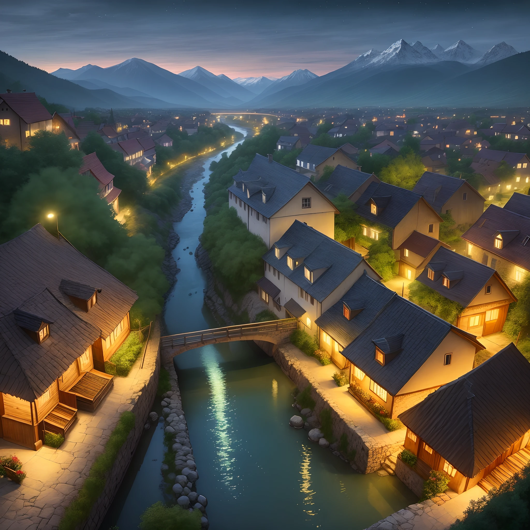 scenecy,the night,sprawling,Mountains,There is a river running through the village,Overlooking