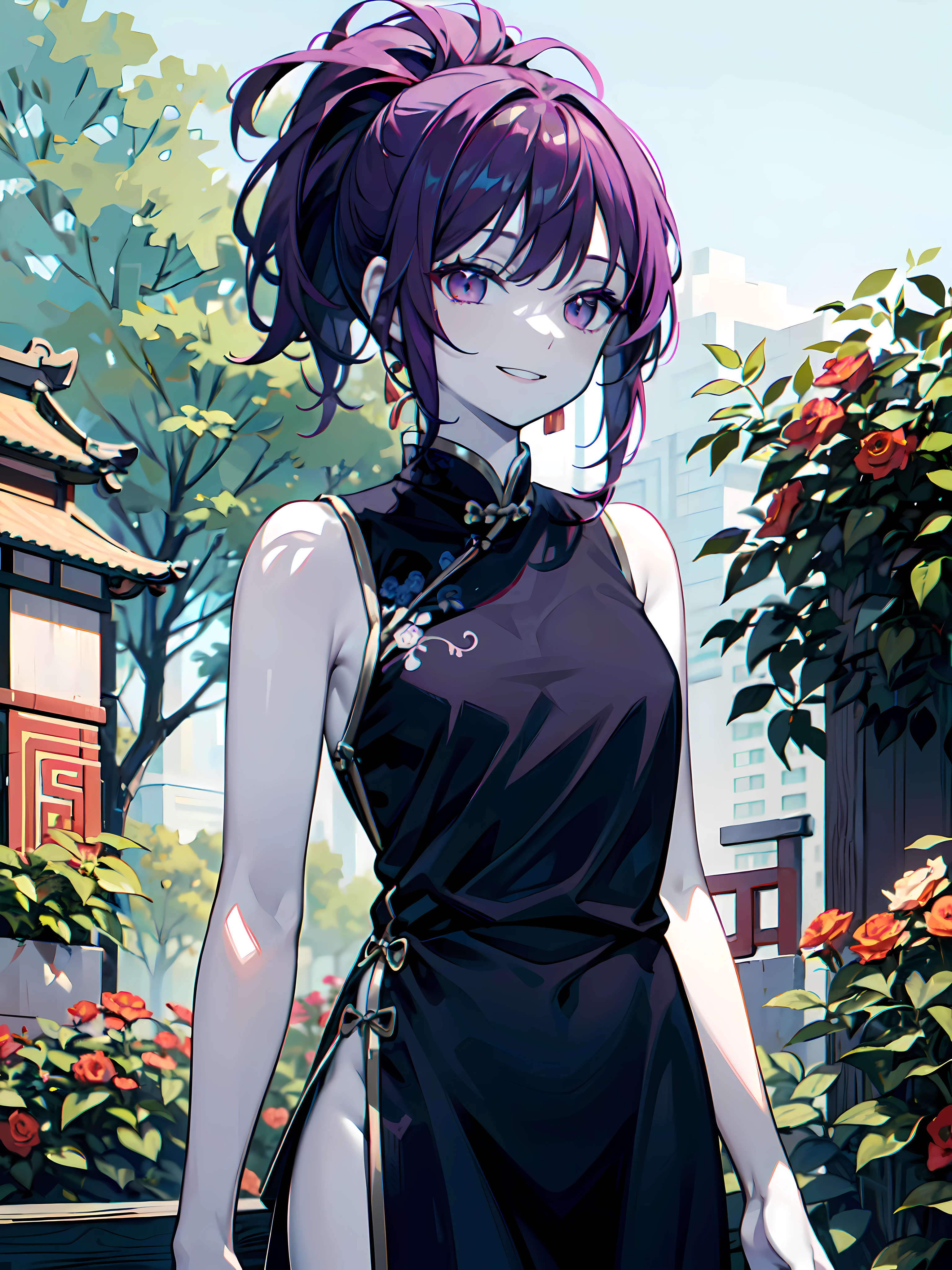 (masterpiece:1.2), (pale skin:1.2), (8k:1.2), ((solo)), (female), (ponytail), purple hair, ((black chinese dress)), smile, standing, (upper shot)