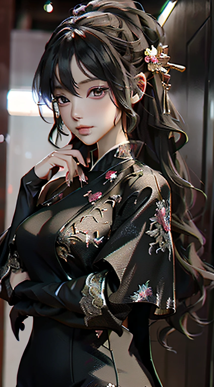 girl side pose black dress, extremely detailed, anime art style