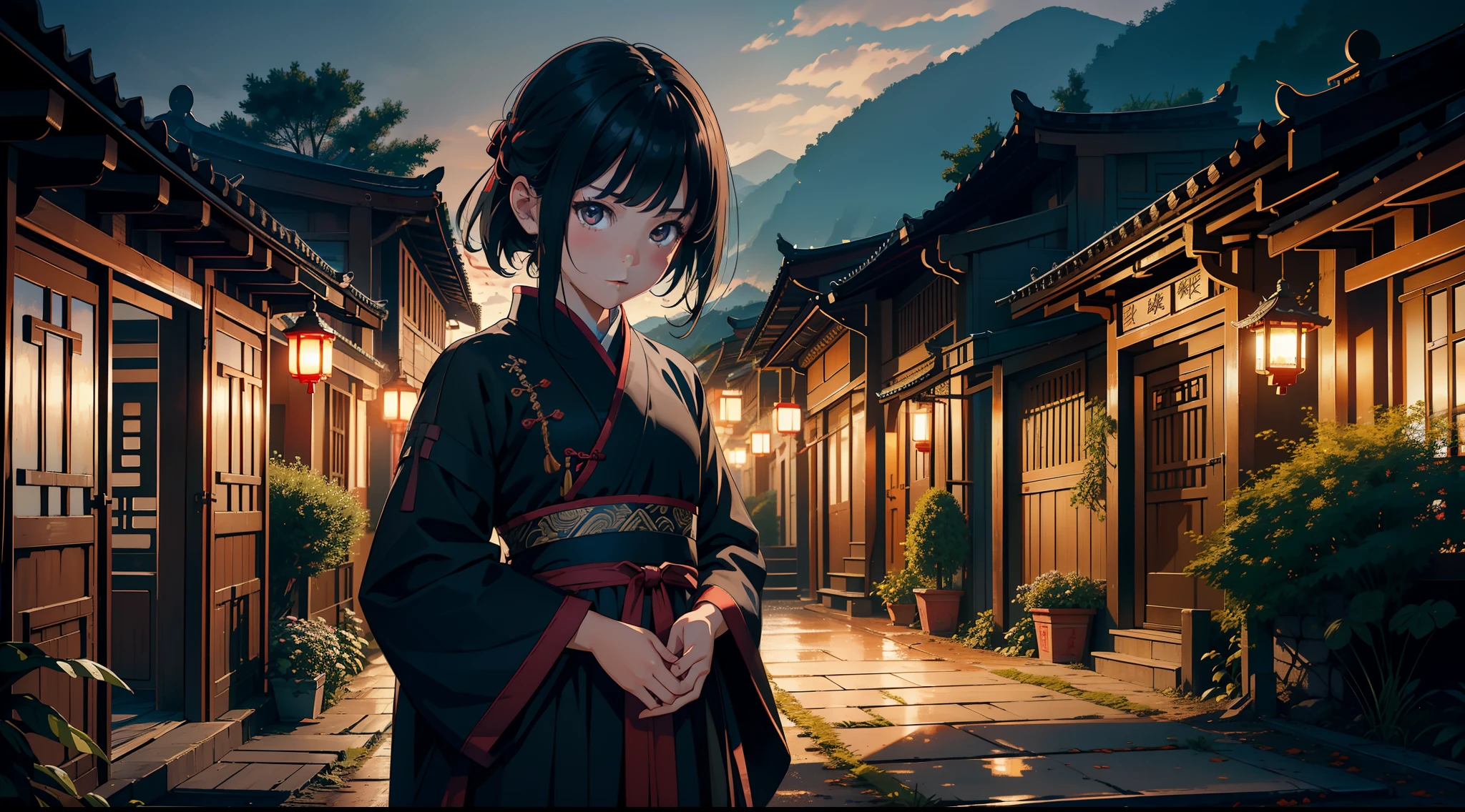 ((tmasterpiece,best qualtiy)),illustratio,Ultra-detailed 8K,Photorealsitic,Clear focus,A highly detailed,Professional lighting,Colorful detailed,(Rural China,In the yard,a 10 years old girl,Wear clothes full of patches,Black colored eyes,Short black hair)