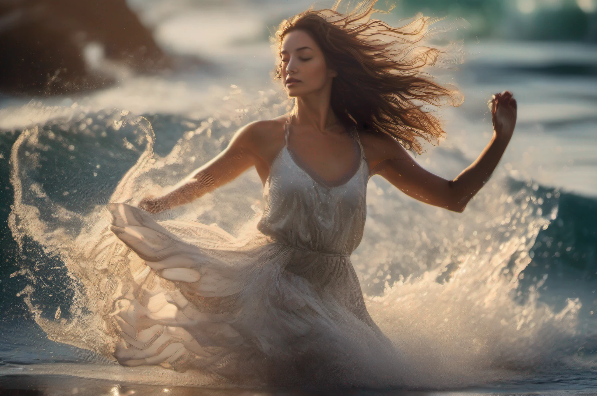 «An ultra-detailed photograph of a woman dancing in the ocean waves, body and arms in motion, captured mid-leap with a Panasonic Lumix S1R camera and 70-200mm lens. Natural light creates hyper-realistic colors and flawless focus on the dancer with artistic motion blur on the swirling water. 3:2 aspect ratio, 750px high resolution output.»