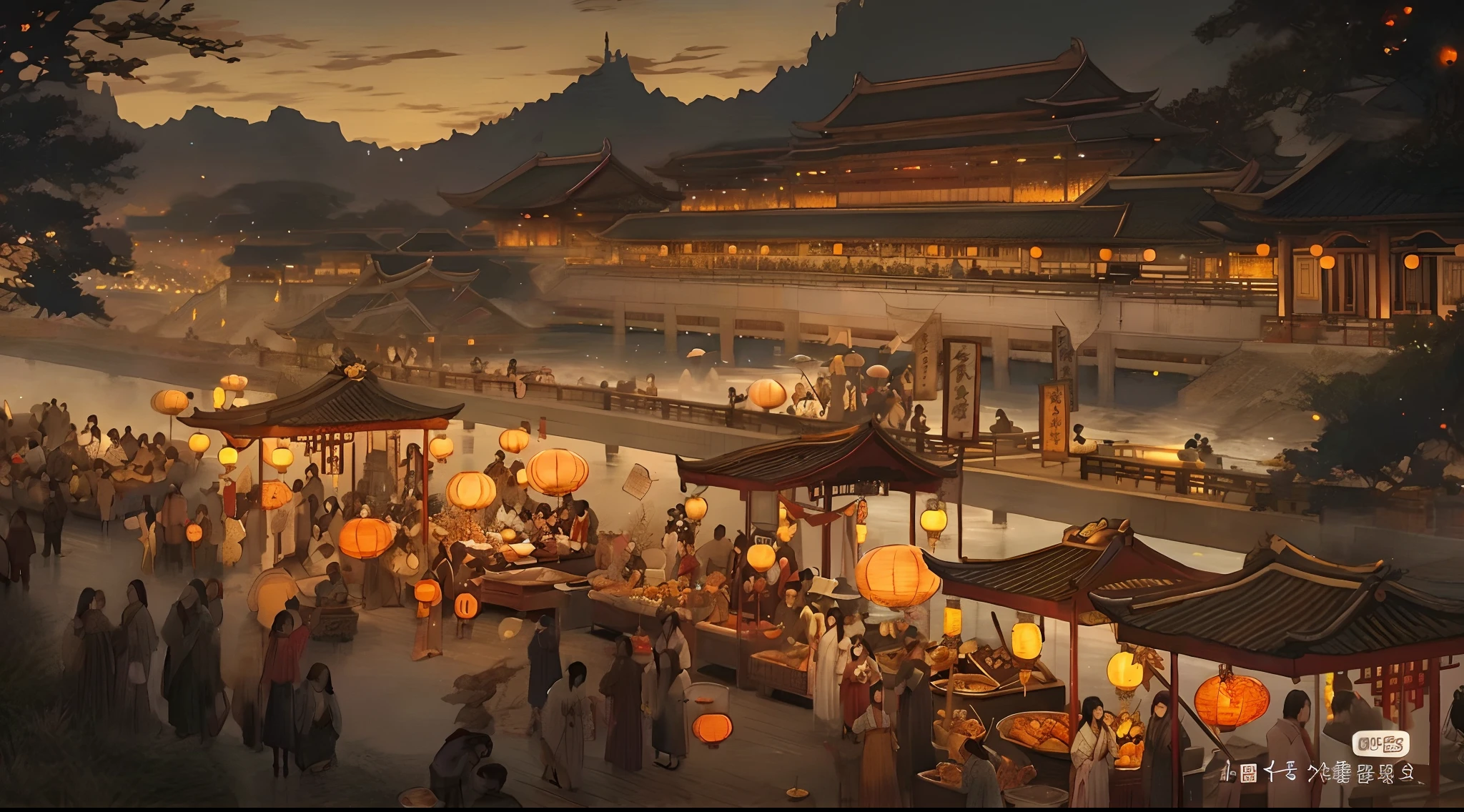 There are a lot of people walking around the city at night, Beautiful rendering of the Tang Dynasty, by Yang J, dreamy Chinese towns, ancient china art style, author:Zou Yigui, cyberpunk chinese ancient castle, author:Wang Lei, by Ni Yuanlu, author:Qu Leilei, Inspired by Fenghua Zhong, Song Dynasty, by Bayard Wu