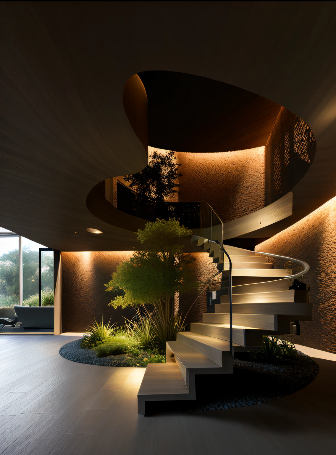 There is a spiral staircase in a building with a tree in the middle, natureza encontra arquitetura, dynamic and atmospheric lighting, ambient cave lighting, dramatic ambient lighting, plantas dentro da caverna, escadaria externa, highly photographic render, vista arquitetura de interiores, Natural interior lighting, arquitetura realista, stunning render, inspirado em Filip Hodas, architectural render, mysterious ambient lighting, organic architecture