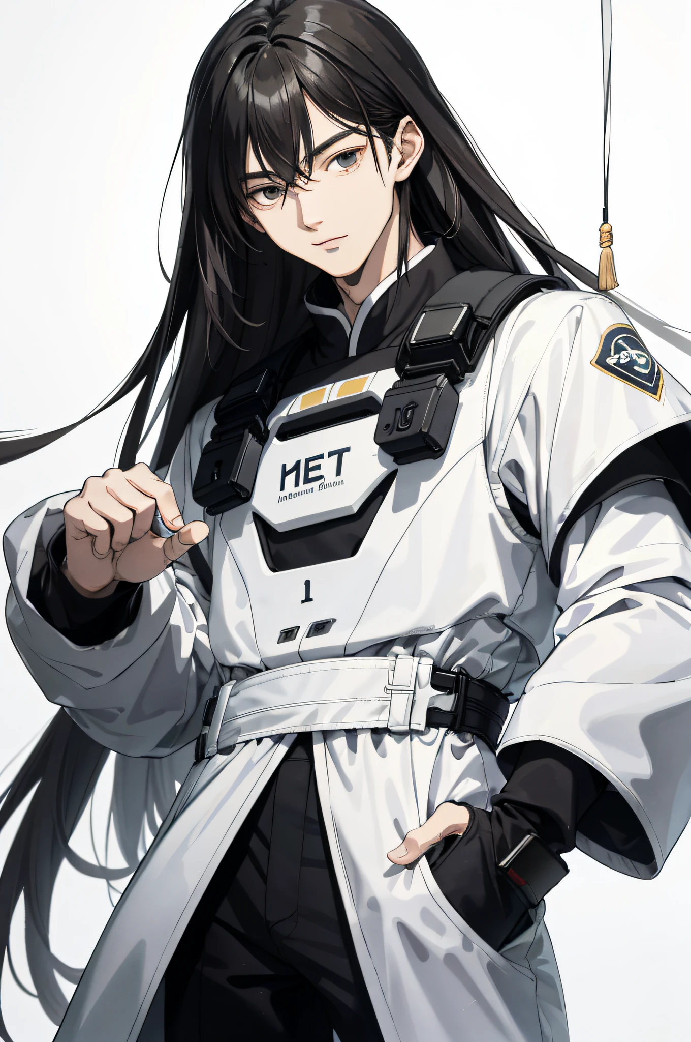 Absurd, High definition, Super detailed, Texture details, clear presentation, HD details, detail performance, Fine details, Clear face, Fix accurately, ((cabelos preto e longos))、long whitr hair、18-year-old man, Handsome, Tall,Soft smile、Slightly muscular,(Clear eyeballs), (1 person: 1.3), handpainted, Simple lines, (An 18-year-old man wearing a white Chinese suit), foggy forest、The upper part of the body,(Exocet suit 1.2)