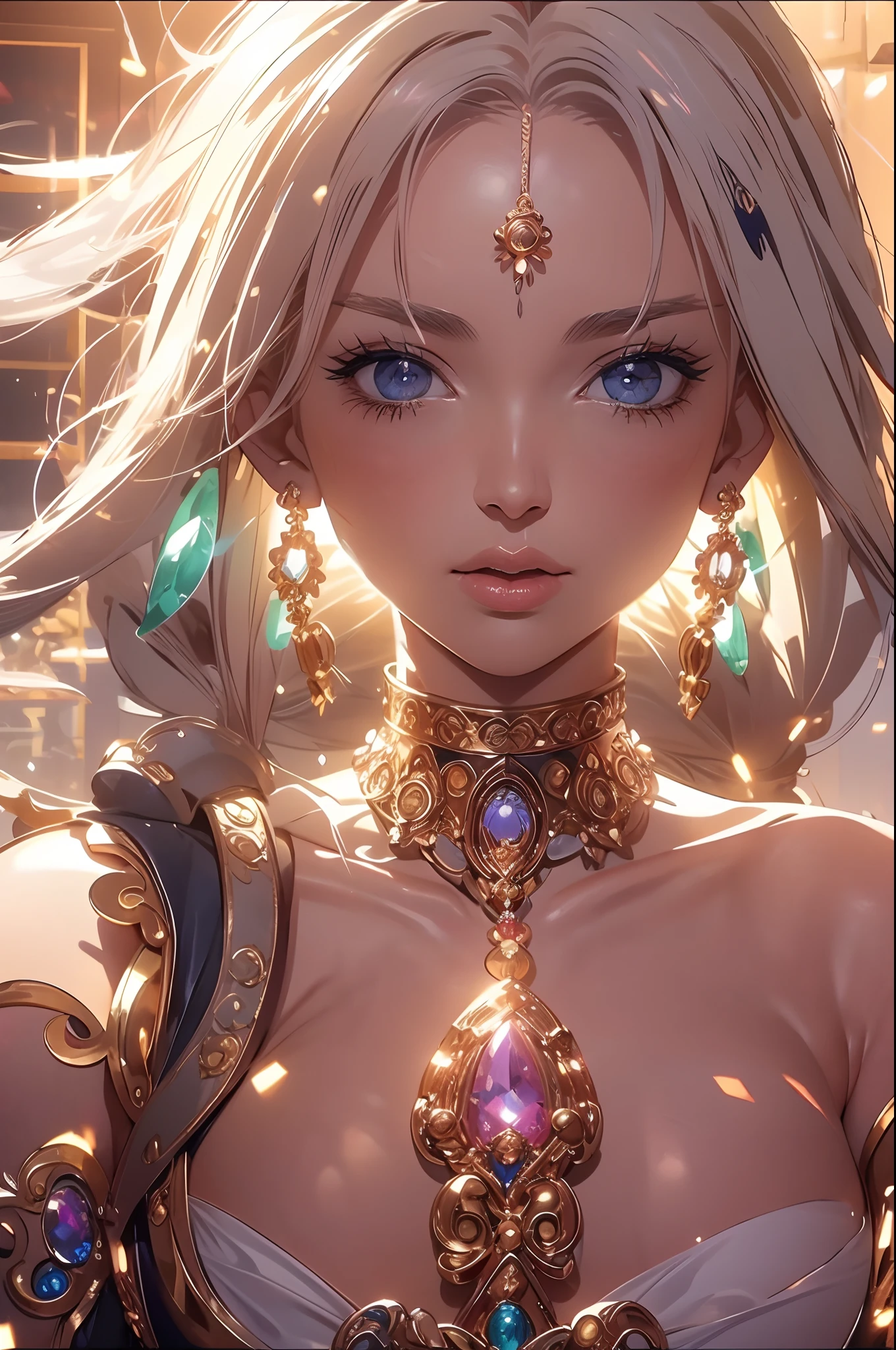 beuaty girl，gentle，Delicate face，Princess Crown，Coiled hair，耳Nipple Ring，choker necklace，bangle，white wedding gown，Set with brilliant and colorful gemstones，Tyndall effect，Glow effects，Close-up strengthened，up-close，sharp focus on eyes，The eyes are carefully depicted，Hair is carefully described，Anime art style，Romantic graffiti，Meticulous，Realism is popular， New Fauvist style，Knolling，8K，tmasterpiece，super-fine，best qualtiy，8K，tmasterpiece，Works of masters，Detailed pubic hair，Accurate，Epic shooting，（God's will：1.5）