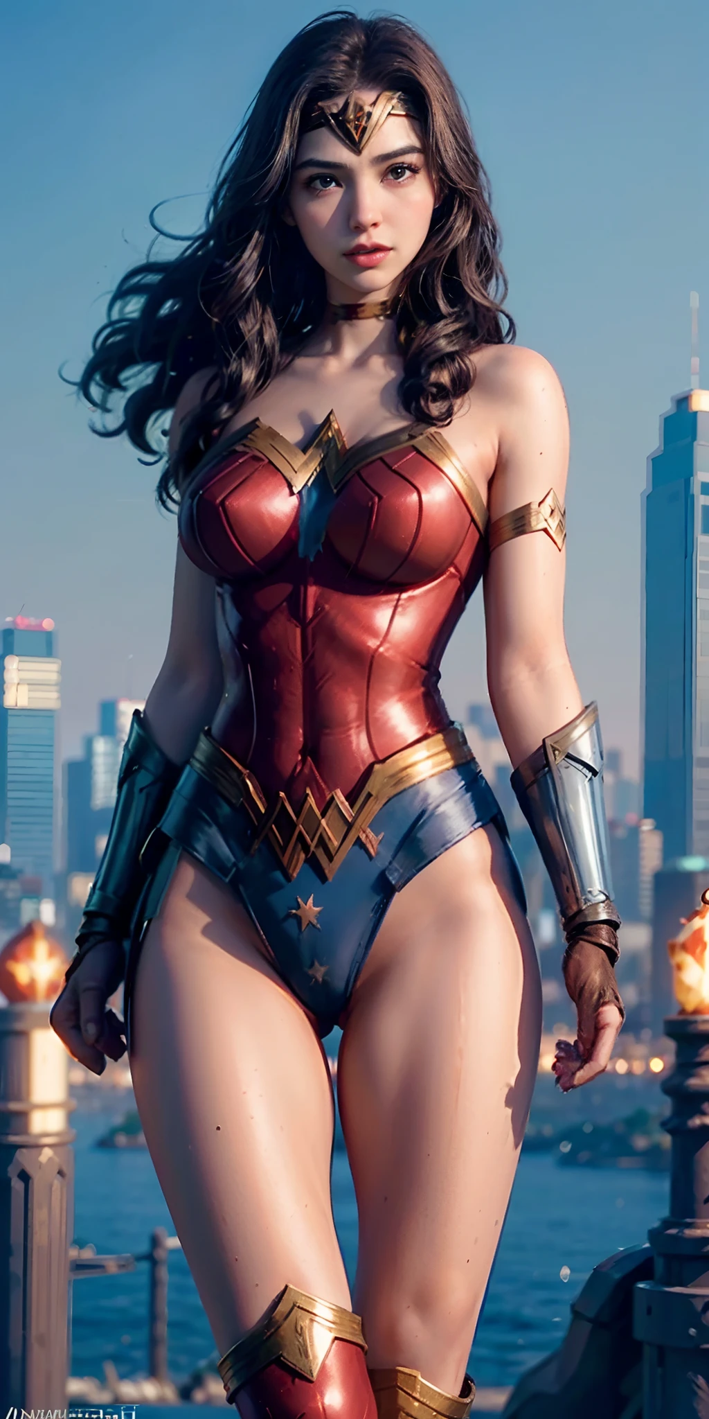 wearing wonder_woman_cosplay_outfit, in front of a sky, 
good hand, 4k, high-res, masterpiece, best quality, head: 1.3, ((Hasselblad photography)), finely detailed skin, sharp focus, (cinematic lighting), night, soft lighting, dynamic angle, [:(detailed face: 1.2): 0.2], medium breasts, out, (cameltoe:1.4)