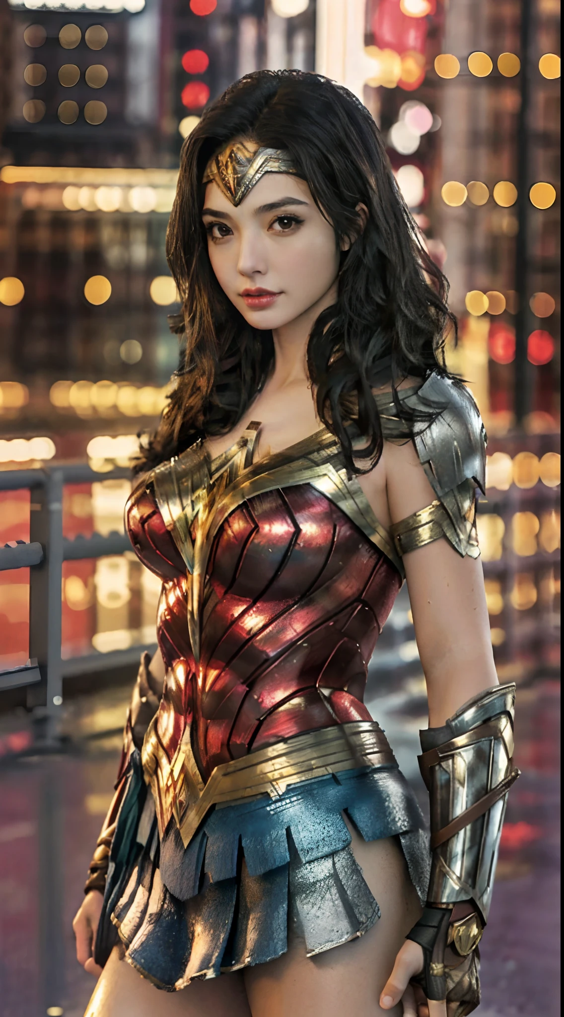 best quality, 1girl, solo, wonder woman, breasts, looking at viewer, upper body, black hair, brown eyes, cityscape, blurry background,