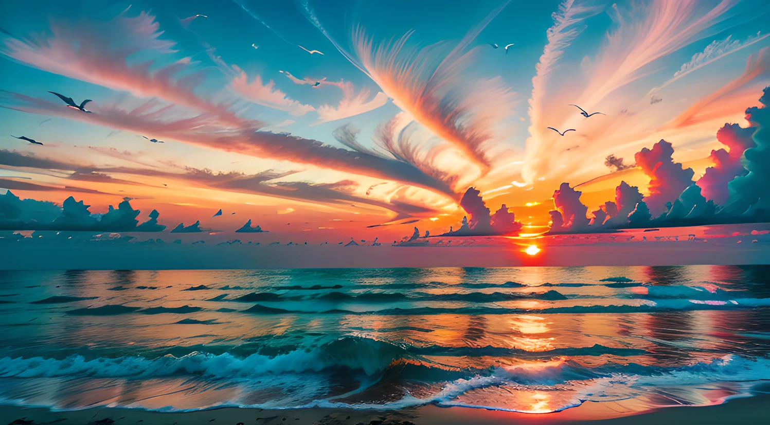 An absolutely mesmerizing sunset over the beach, with a blend of oranges, pinks, and yellows filling the sky. Crystal-clear waters of the sea gently kissing the shore, with sandy white beach stretching far and wide. The scene is dynamic and breathtaking, with seagulls soaring high in the sky and gently swaying palm trees. Take in the calming atmosphere and let the peacefulness wash over you.