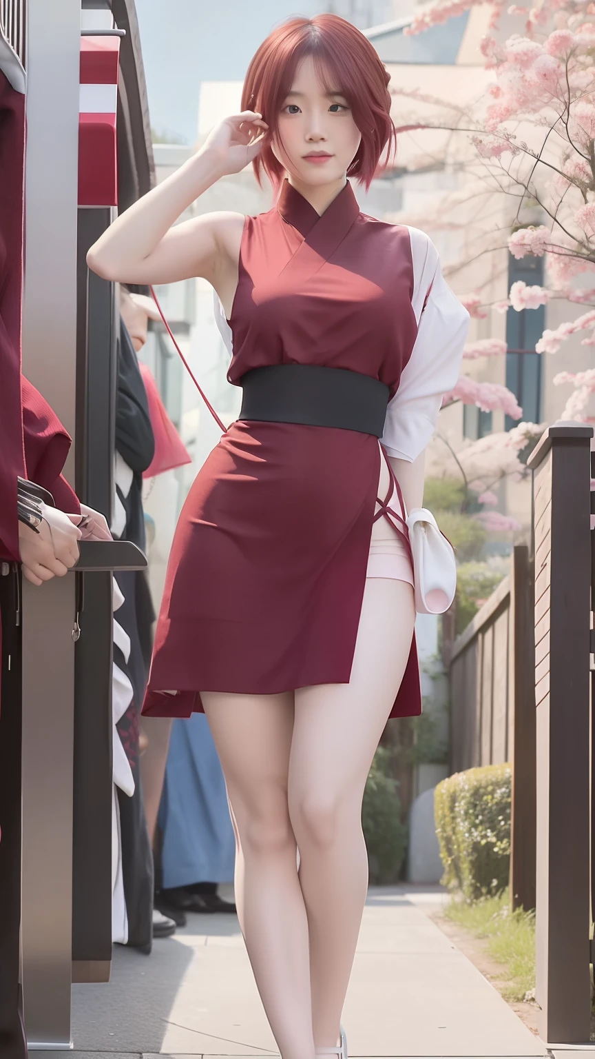 Sakura uchiha. A woman was walking in the back of the house. He wore a maroon Japanese kimono with a maroon pan on the left. And white reproach. She had short pink hair. His skin was white. Her cheeks were rosy. Her right hand was raised to the head. She was wearing red heels. His clothes and his pants look tight. Make the curves of his body trace. She looks so hot and realistic