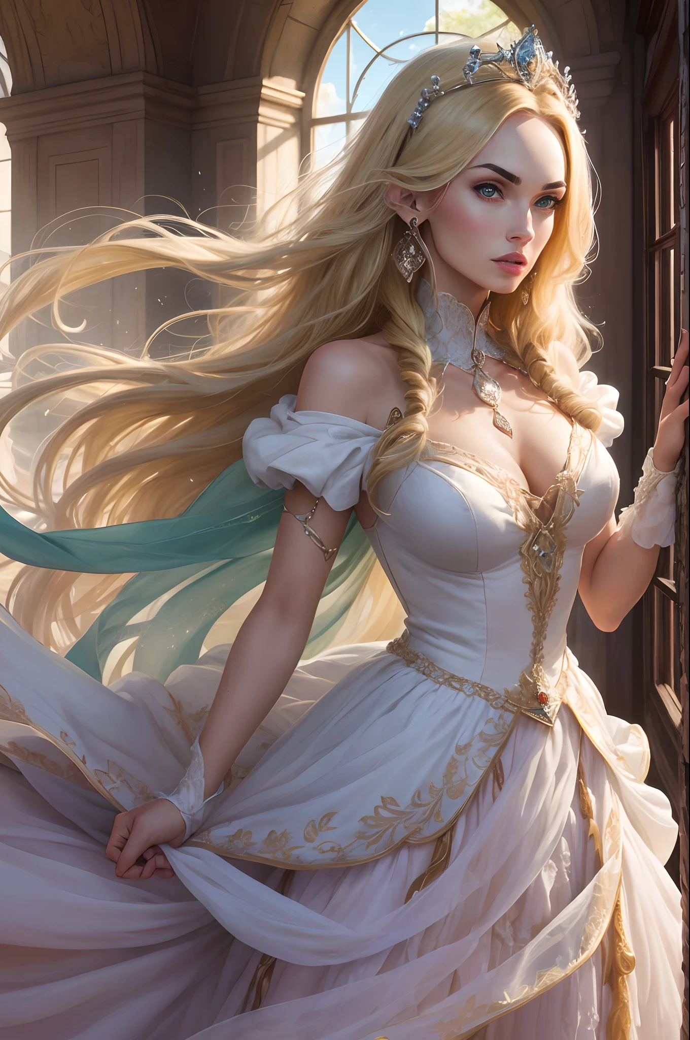 Megan Fox is standing at a window, looking out over the landscape. She is dressed in a long white dress, with a tiara on her head. She has long, blonde hair and bright blue eyes. She is the princess of a faraway kingdom, and is loved by all her subjects. She is kind, compassionate, and fair, and is always willing to help others. She is a true princess, and an example for all of us. --auto --s2