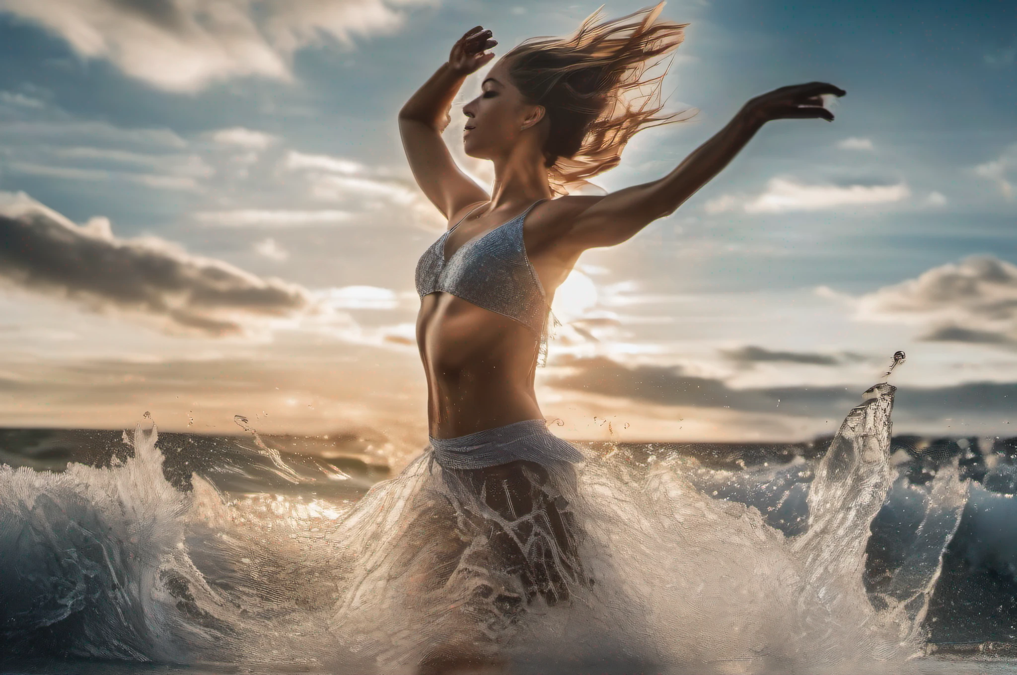 «An ultra-detailed photograph of a woman dancing freely in the ocean, arms reaching to the sky, body in fluid motion. Shot with a Nikon Z7 II camera and 14-30mm lens using natural light. Crystal clear water swirls around the dancer as she leaps energetically. Hyper-realistic image quality, 3:2 aspect ratio, 750px high resolution.»