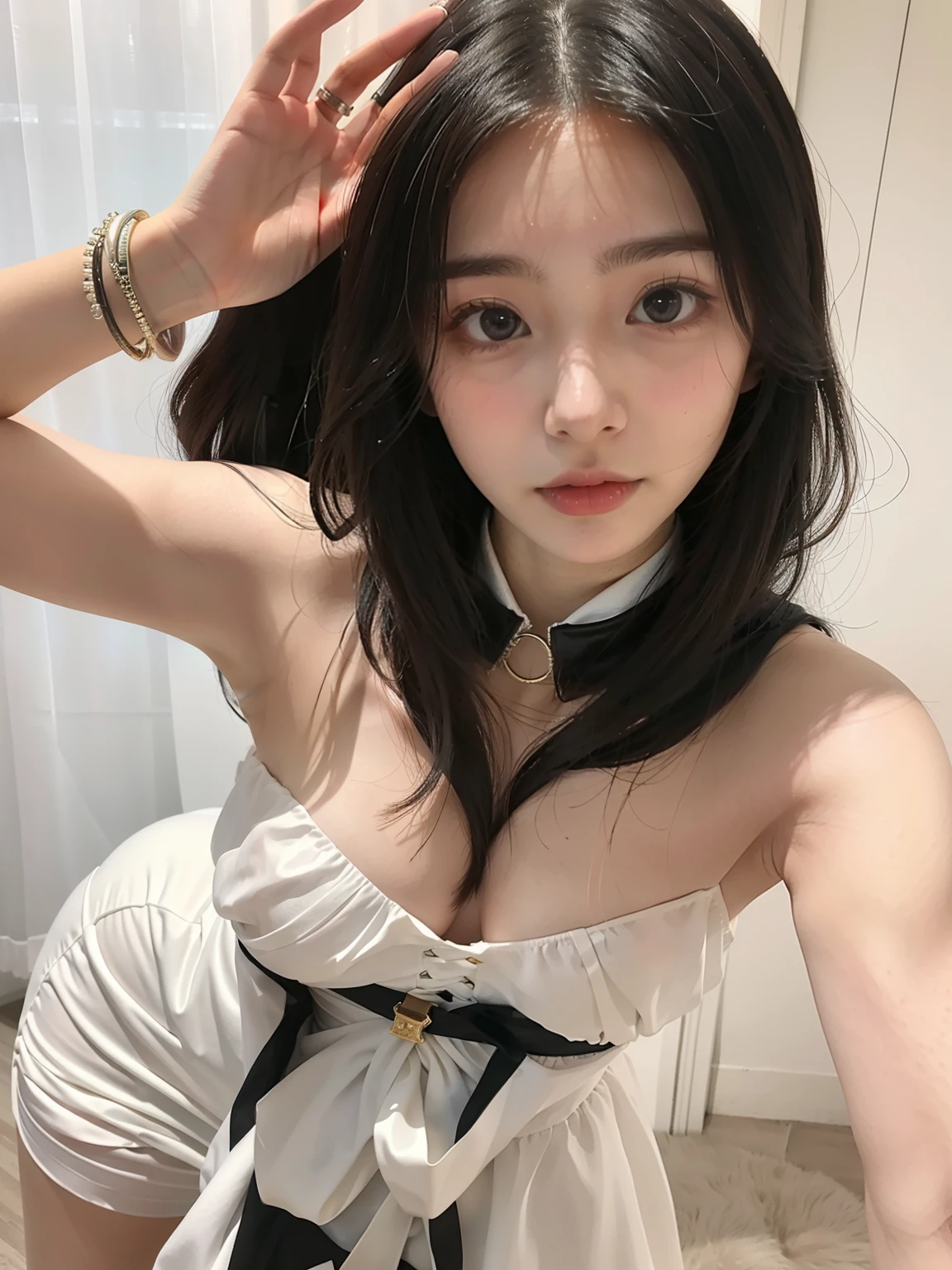 There is a woman posing in a white dress, 1 8 I, 18 years old, 2 , shikamimi, 21 years old, Anime girl cosplay, Yoshitomo Nara, 2 3 years old old, seductives, Japanese goddess, 2 7 years old, Loli