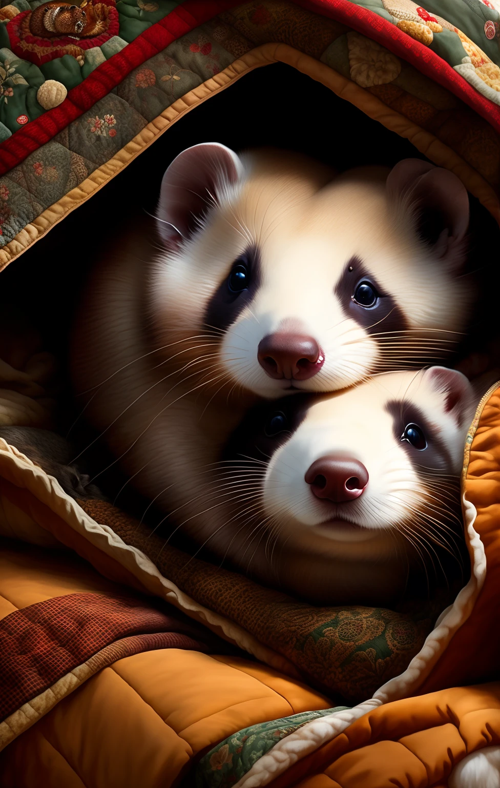cozy ferret snuggled in a huge quilt in a warm log cabin